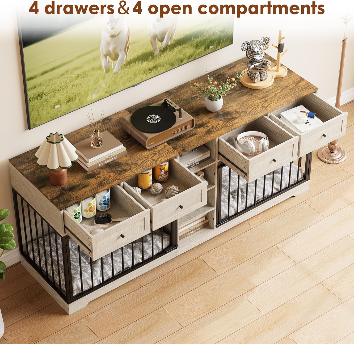 IDEALHOUSE 82" Large Dog Crate for 2 Dogs, Dog Kennel Indoor with 4 Drawers and Shelves, Double Dog Crate Furniture TV Stand, Wooden Dog Cage for Medium Large Dogs, Washed White Washed White Double(81.9"L x 23.6"W x 33.5"H)