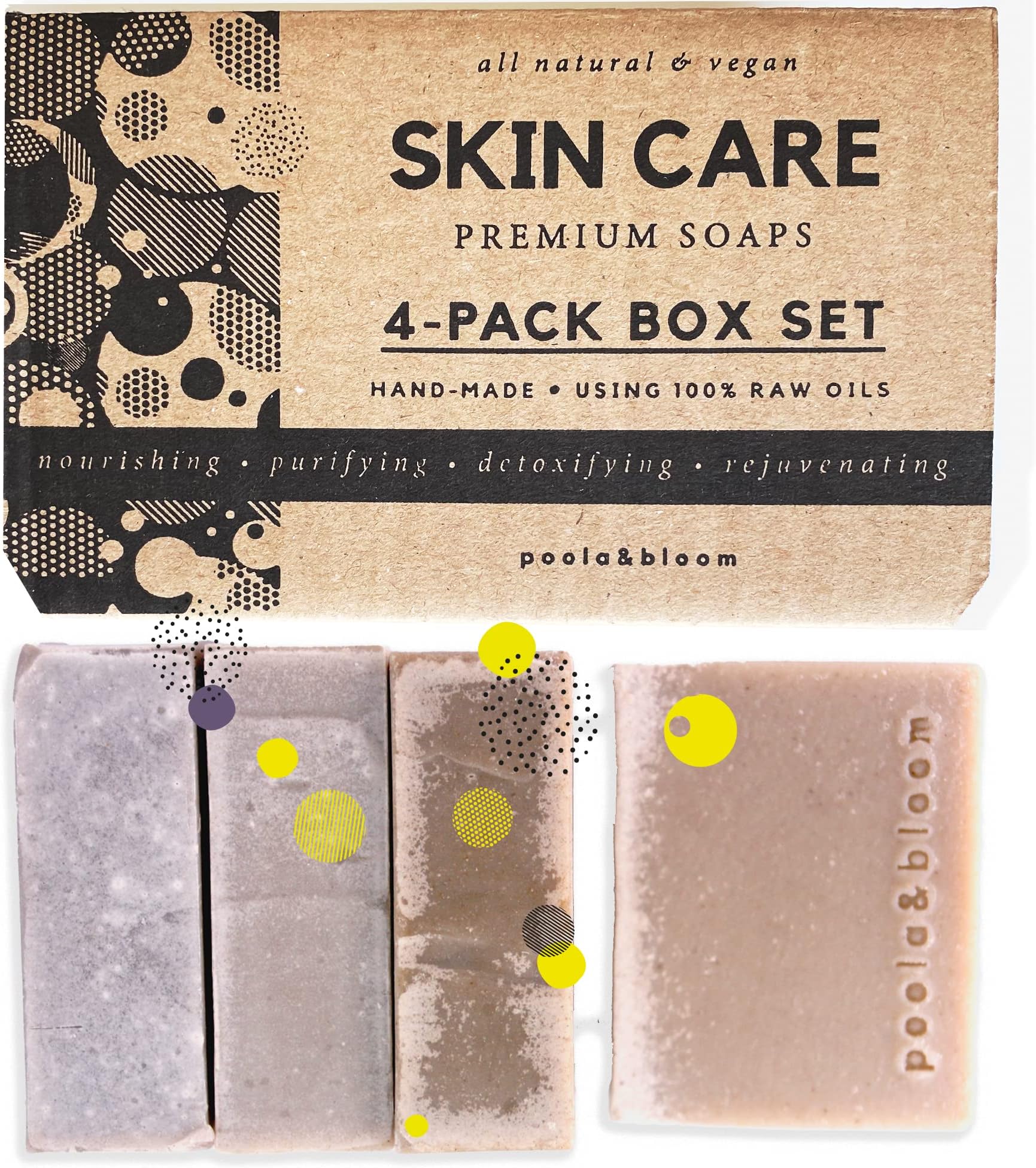 Poola Bloom Organic Vegan Scrub Soap Bar Set - Exfoliating Face Bars with Dead Sea Mud, Green Clay & Sea Salt - Perfect Gift for All Skin Types - 4 Natural Soap Bars for Refreshing Cleanse