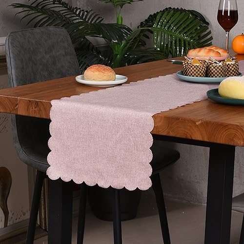 Miniatura 2 de Camino de mesa de 13 x 72 pulgadas de largo, lino de algodón, estilo festoneado, color rosa, para cocina, comedor, mesa de café, fiestas, boda,