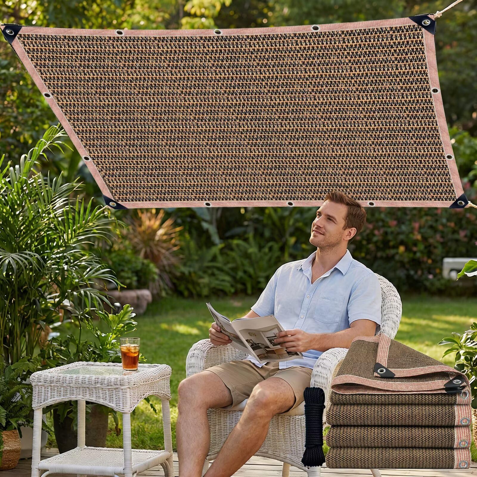 Bâche en maille moka 1,5x12,2 m anti-UV pour serre et terrasse