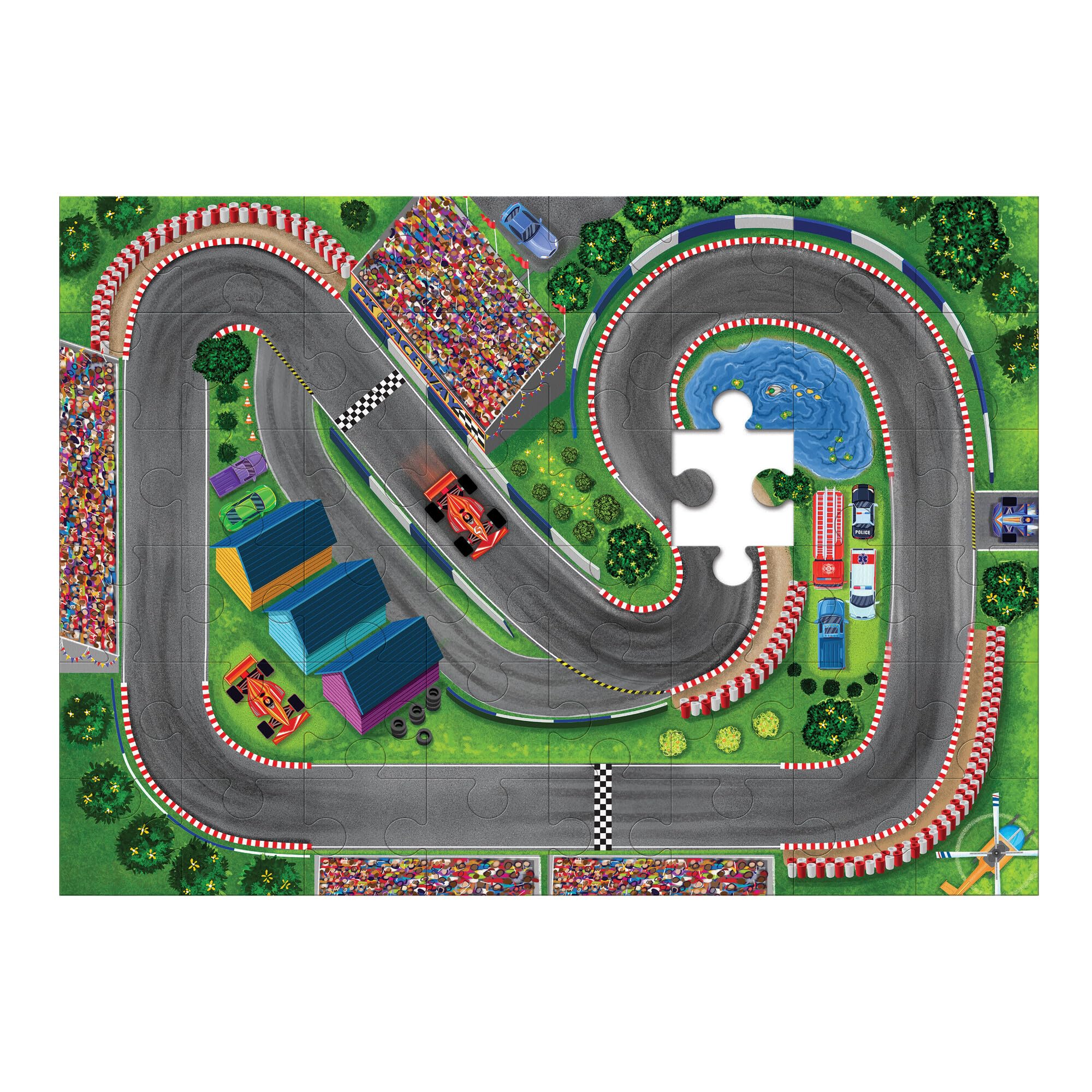 Peaceable Kingdom Puzzle & Play: Race Day - Floor Puzzle for Kids Ages 3 and Up - Includes 3 Wooden Vehicles to Zoom Around The Race Track Puzzle for a Double Dose of Fun - Measures 26" x 36" - Image 4