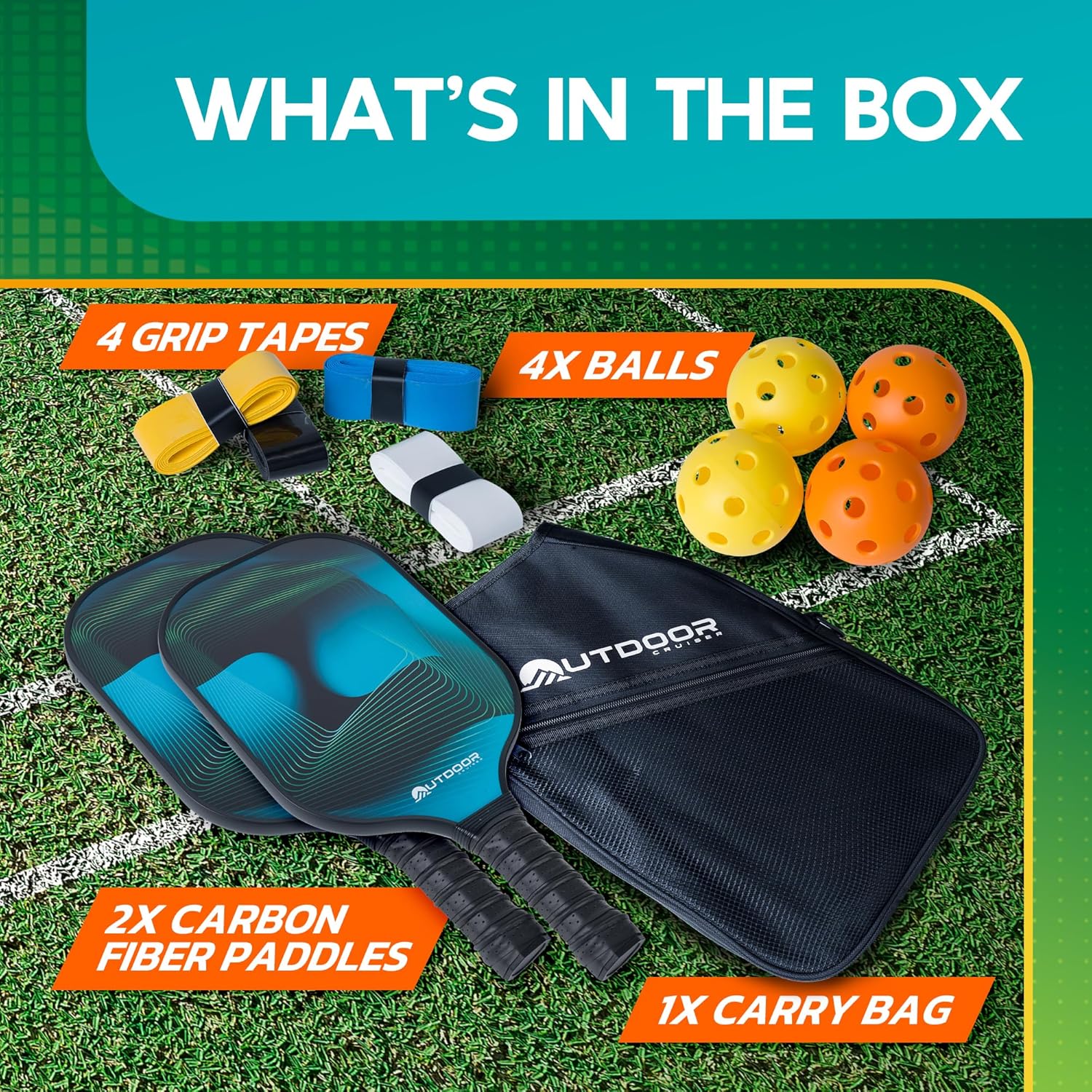 Outdoor Cruiser Pickleball Paddle Set – USAPA Approved, Premium Fiberglass Paddles with Lightweight Shock-Absorbing Grip, Includes 2 Rackets, 4 Balls, Grip Tapes, and Sling Carry Bag
