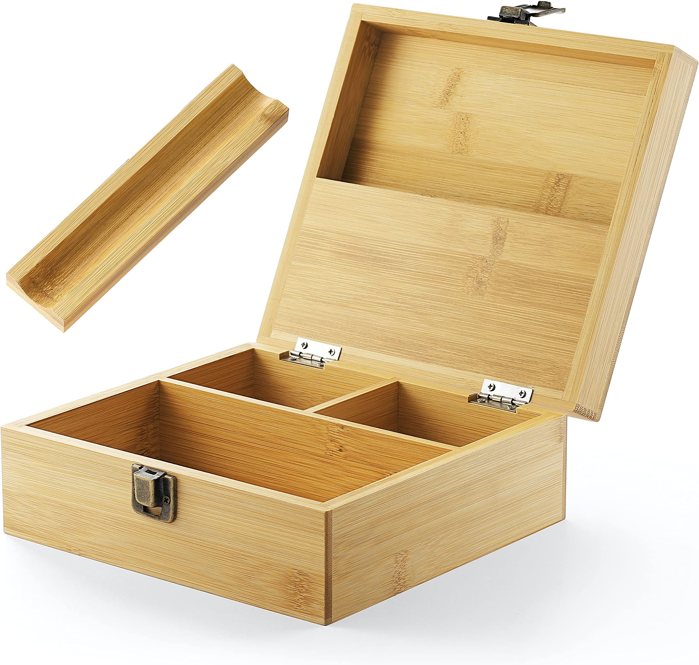 beka. Bamboo Storage Box with Multi-Purpose Tray - Large Premium Handmade Wooden Box with Hinged Lid - Organize All Your Essentials - 7.5 x 7 x 3 Inches