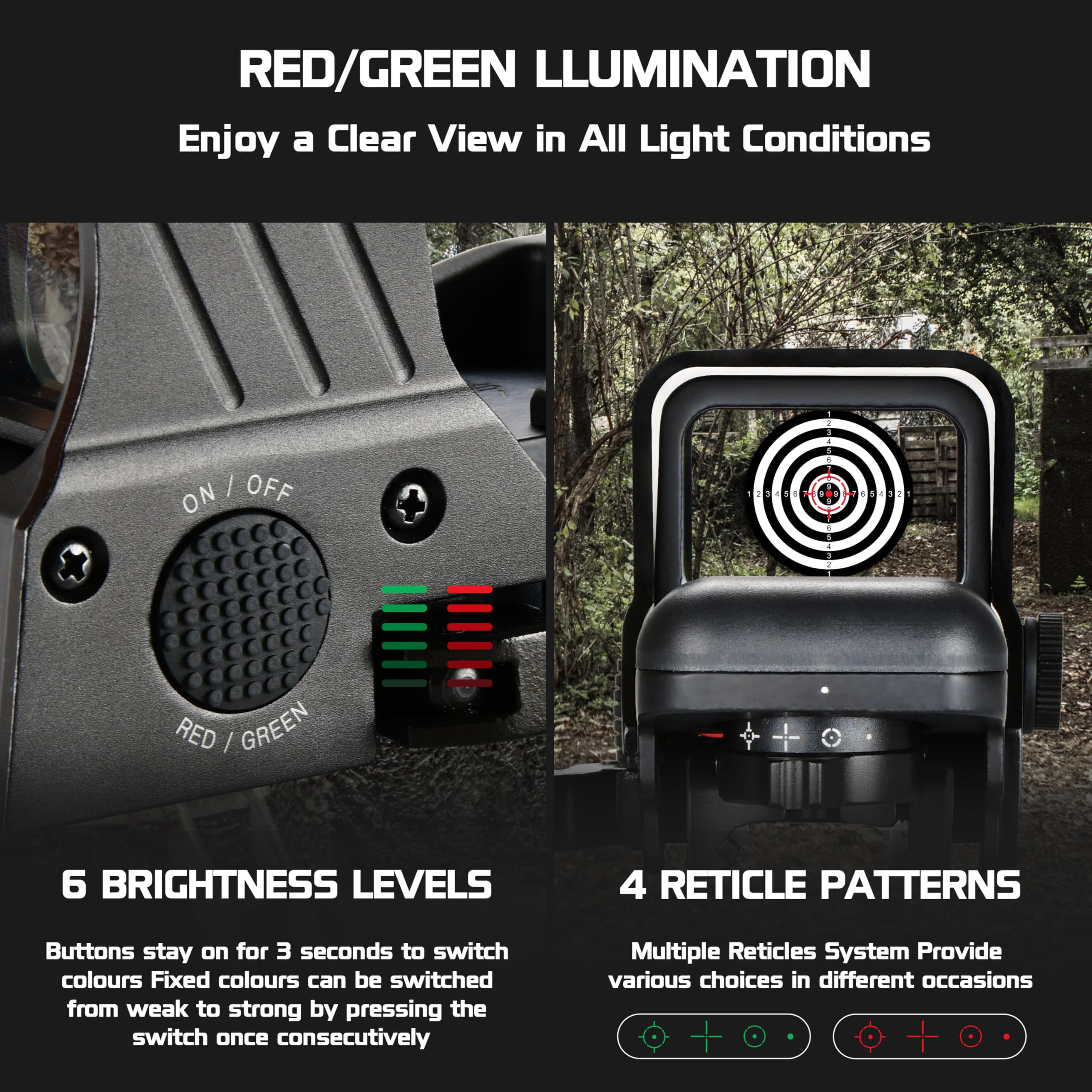 AOMEKIE Reflex Sight 1X22X33 Red Green Dot Sight 4 Reticles Red Dot Optics with Quick-Detach 20mm Picatinny Mount