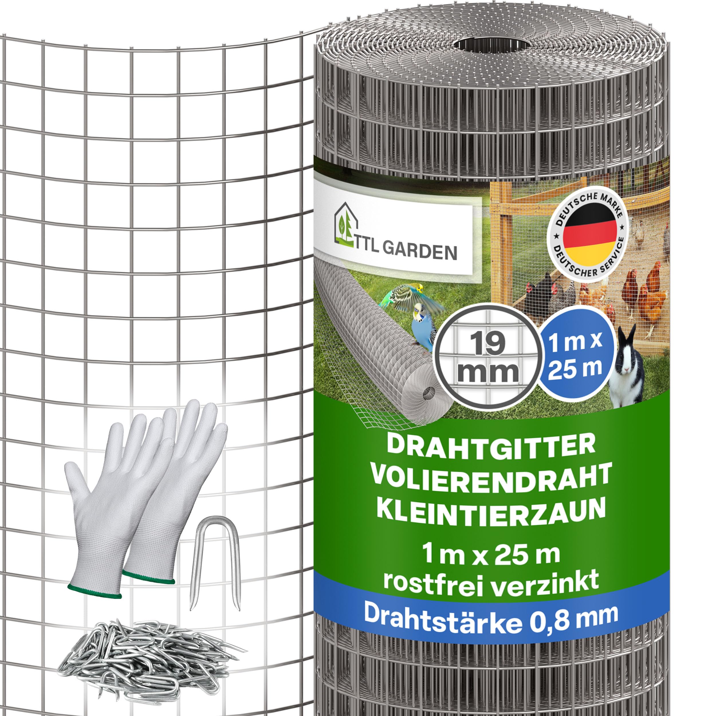 TTL GARDEN 1 x 25 m de malla de alambre galvanizado de 19 mm de malla de 0,80 mm de grosor – en rollo de malla de alambre para aviarios de 25 m x 1 m de ancho 19 mm de ancho