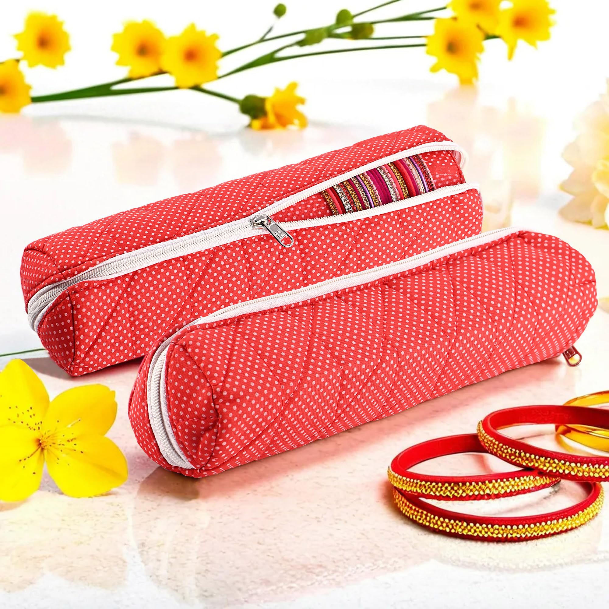 Kuber Industries Pack of 2 Single-Rod Bangles Organisers Storage Box | Gold Jewellery Pouch & Bracelet/Chudi Case Holder for Women | Polka Dots - Red