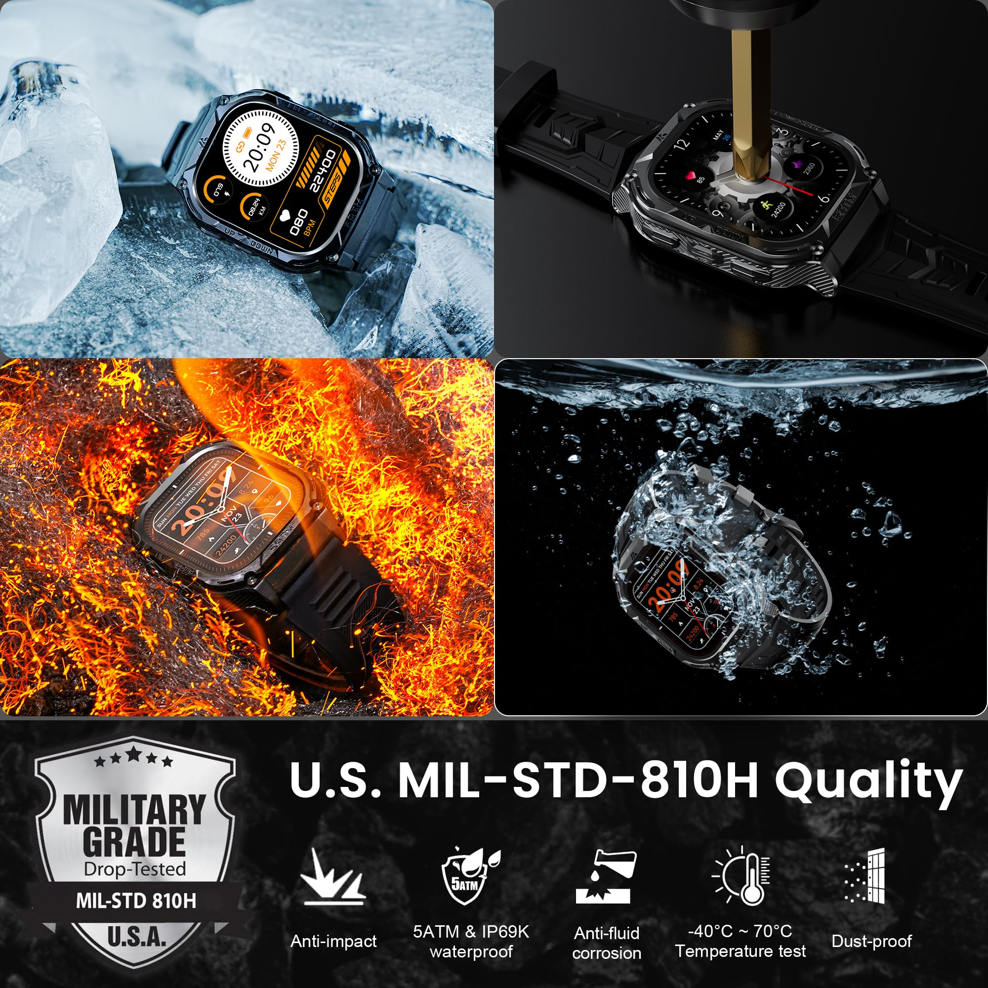 HIDAMEL M3E Smartwatch, Orologio Militare Uomo, GPS Integrato, Grande Schermo AMOLED 1,96", Durata Batteria 50 Giorni, Impermeabile 5ATM, 170 Modalità Sportive (Nero carbone)