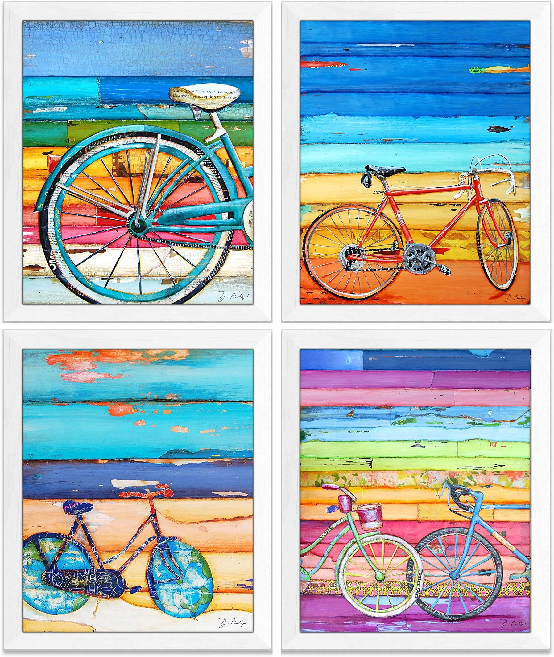 Bicycle Art Prints, Set of 4, By Danny Phillips, Unframed, Mixed Media Collage Wall Art Decor Posters, 8x10 Inches