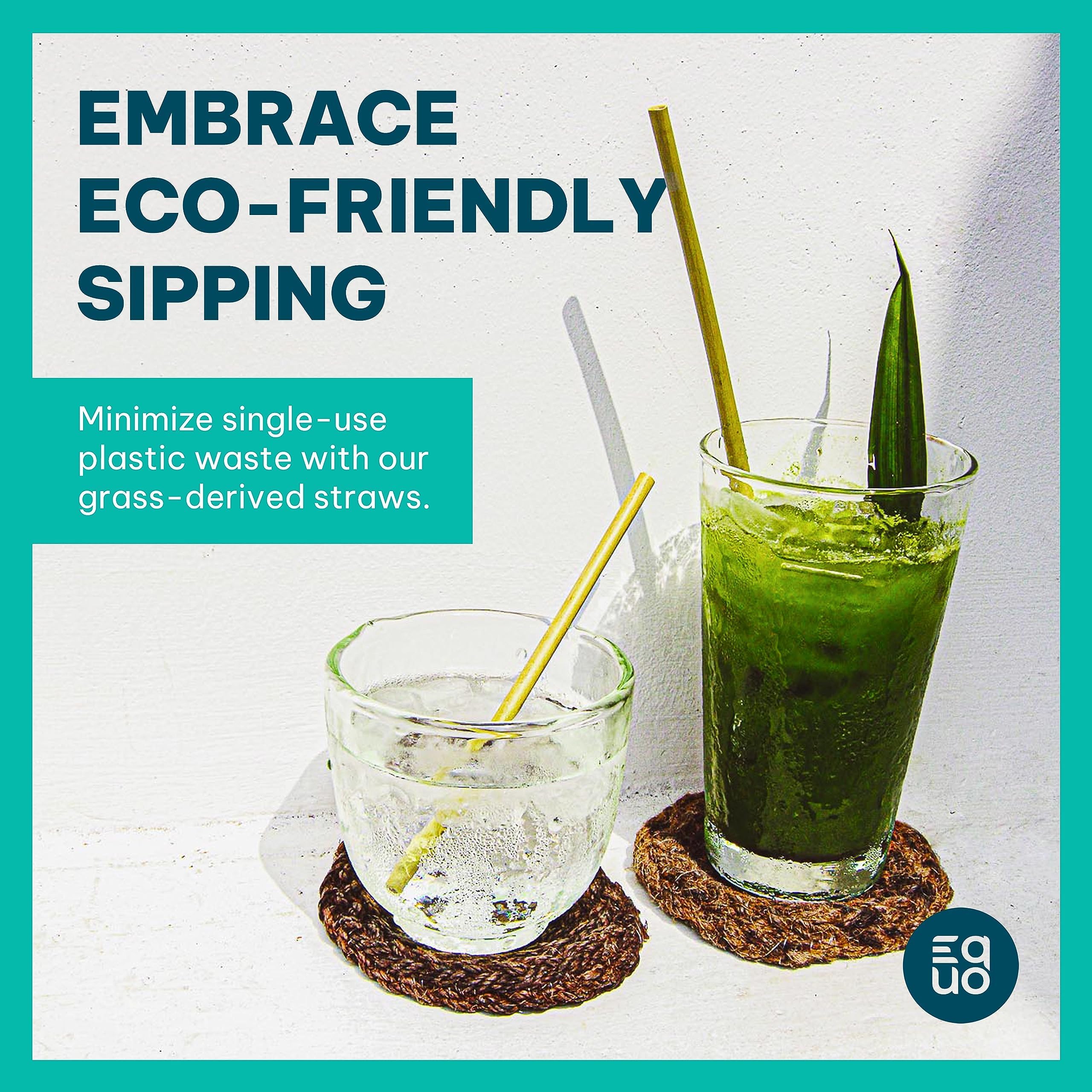 EQUO Grass Straws, Disposable, Biodegradable, Compostable, and Plastic-Free Drinking Straws, Pack of 100, Standard