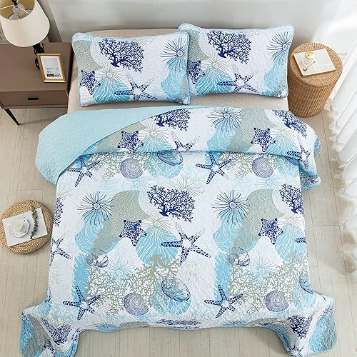 Miniatura 3 de Dinjoy Juego de edredón costero tamaño individual, juego de ropa de cama con temática de playa azul océano y conchas coralinas, patrón de estrellas