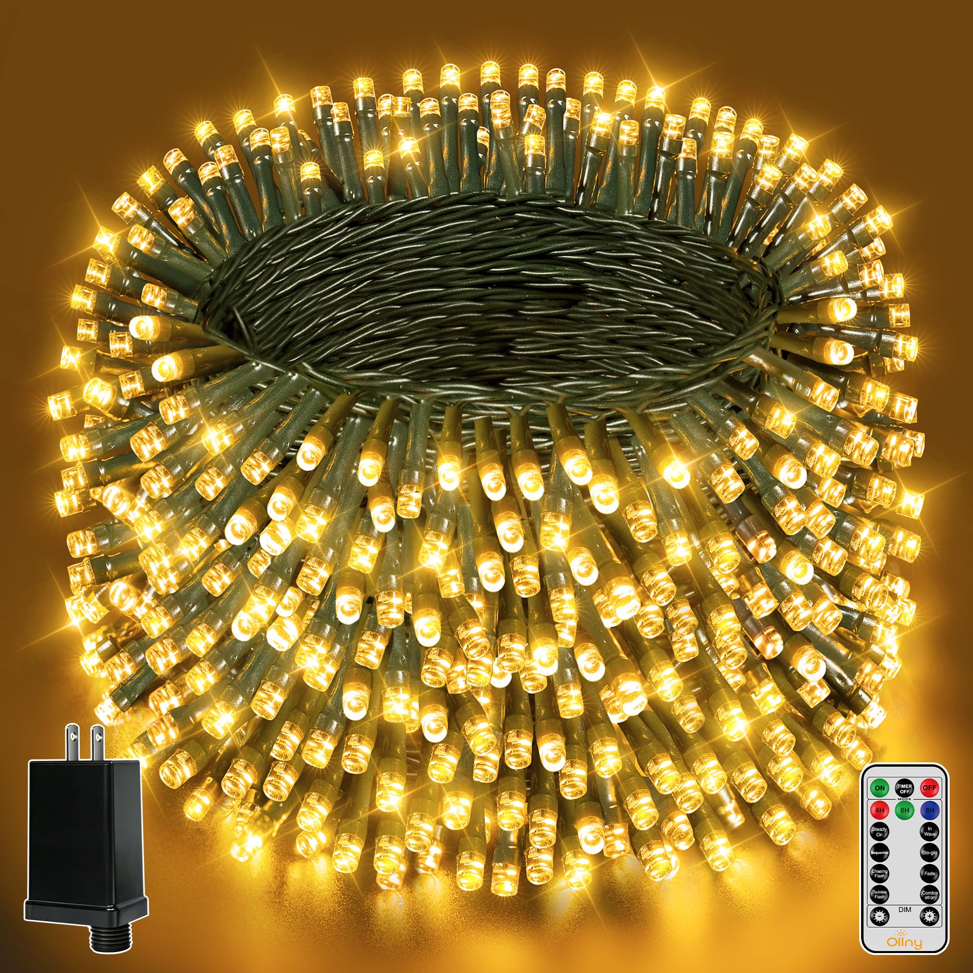 Ollny Guirlande lumineuse d'extérieur - 100 m - 1000 LED - Avec télécommande et minuterie - 8 modes - Étanche - Éclairage de Noël extérieur pour jardin, balcon, mariage (blanc chaud)