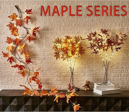 Miniatura 10 de Birchlitland Guirnalda de hojas de eucalipto con temporizador de luces de 6 pies 96 LED blanco cálido, guirnalda de otoño con luces funciona con