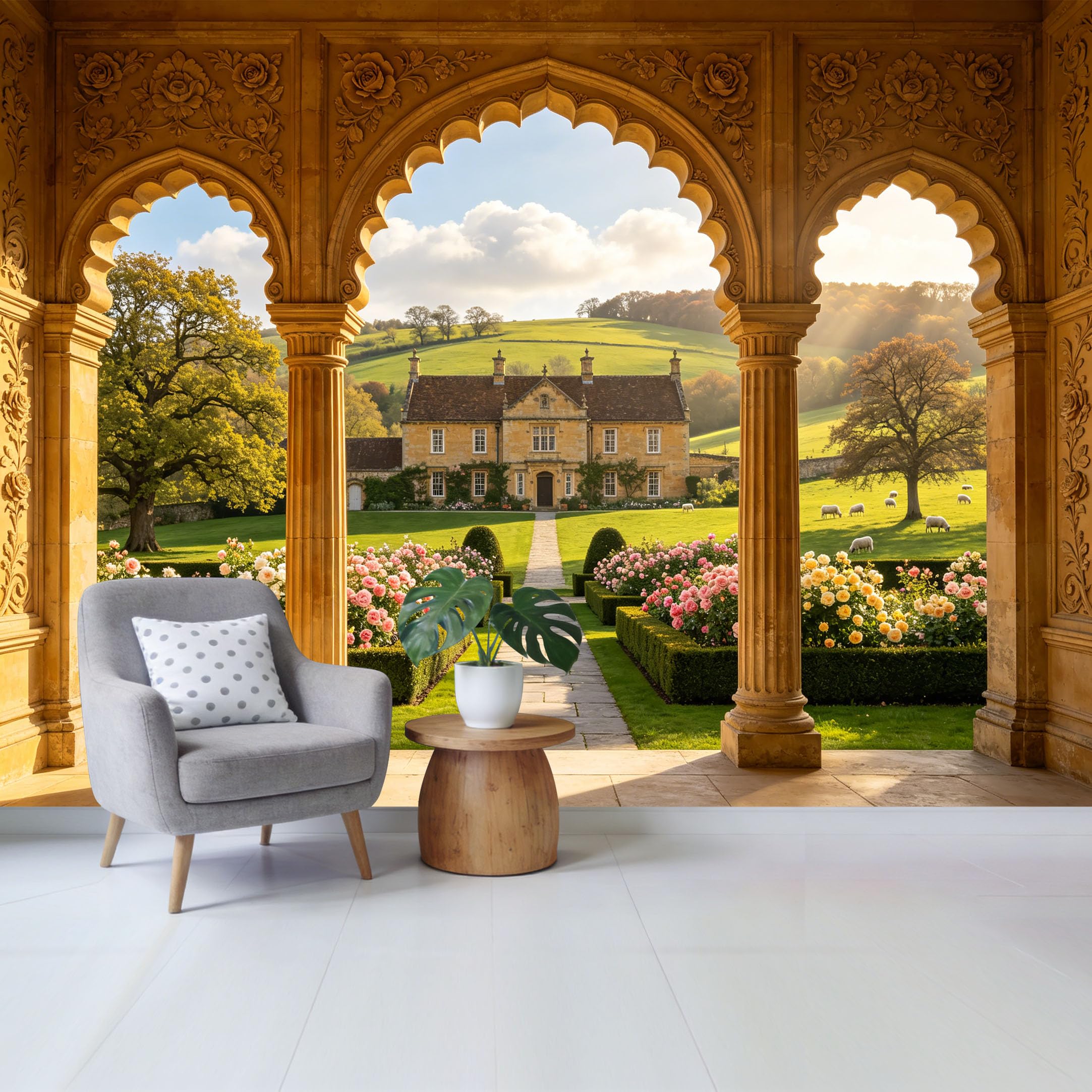 Custom Size Wall Mural Countryside Manor Garden Landscape View Through Archway Removable Self Adhesive Fabric， Home Wall Decor for Living Room Bedroom Bathroom