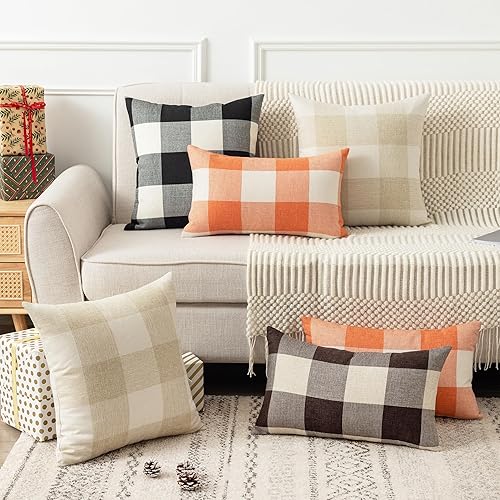 Miniatura 6 de UGASA - Juego de 2 fundas de almohada clásicas a cuadros de lino a cuadros retro, fundas de cojín decorativas para sofá, cama, vacaciones, 24 x 24