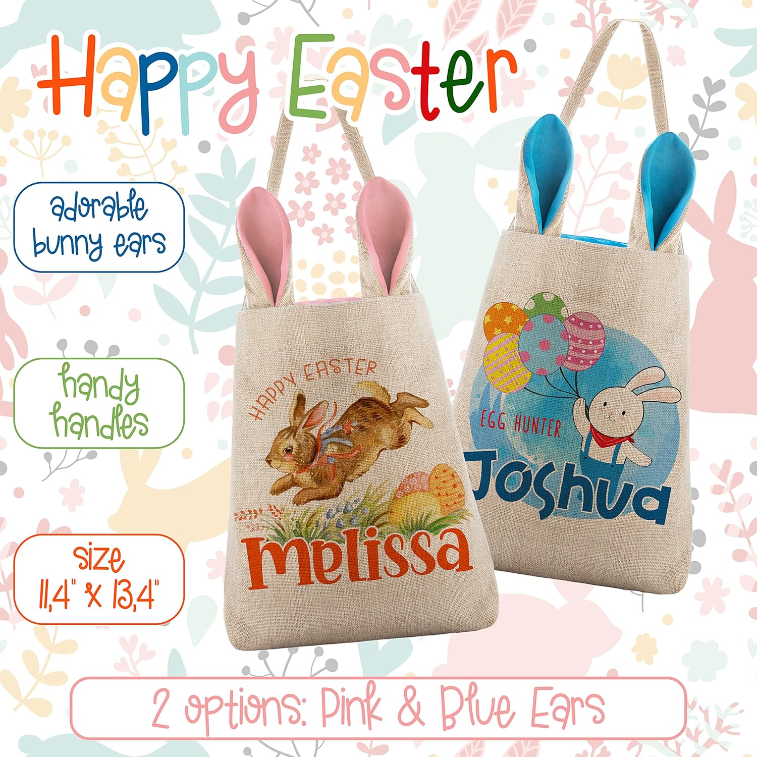 Set of 2, Personalized Easter Basket for Girls & Boys w Name, Blue or Pink Bunny Ears, 8 Designs, Customize Tote Bags with Handle for Easter Eggs, Easter Gifts Bag for Kids, Personalized Candy Basket