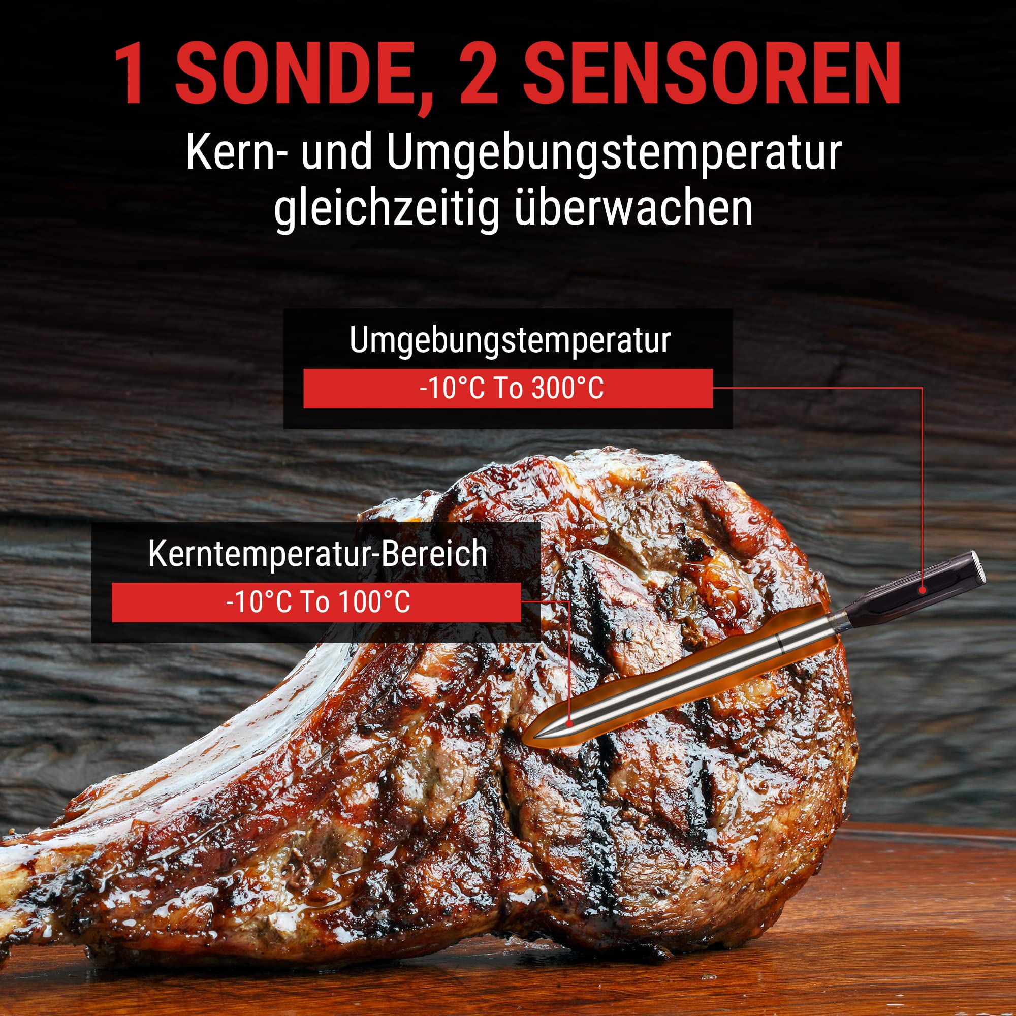 ThermoPro TempPro TP960 150M Termómetro Inalámbrico para Carne con Bluetooth, Termómetro de Cocina Impermeable IP67 para el Horno, Freidoras, Asar, Ahumar y Barbacoa