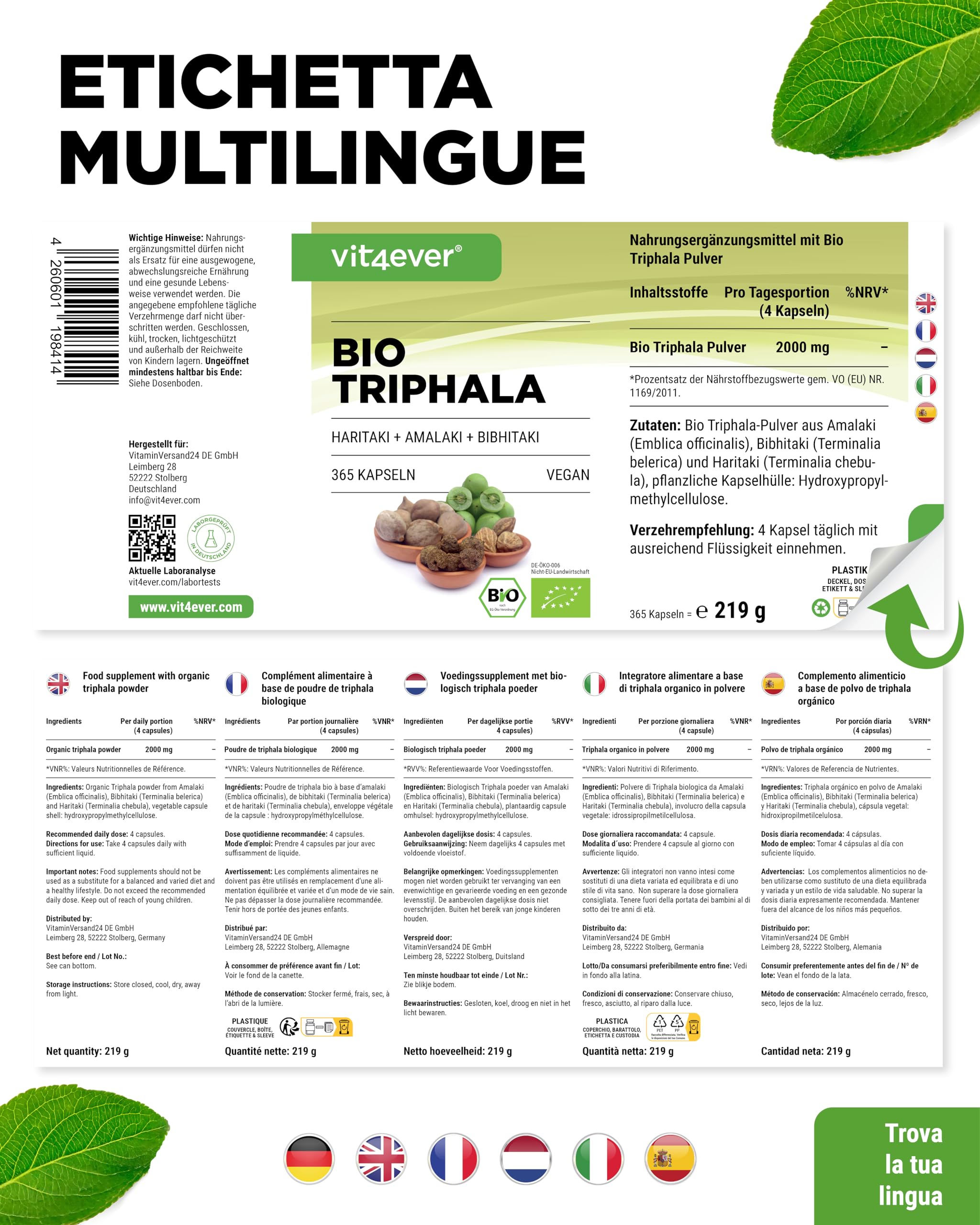 Triphala biologica - Alto dosaggio di 2000 mg (500 mg per capsula) - 365 capsule - Triphala in polvere dall'India: Haritaki, Amalaki, Bibhitaki - Senza additivi - Vegan