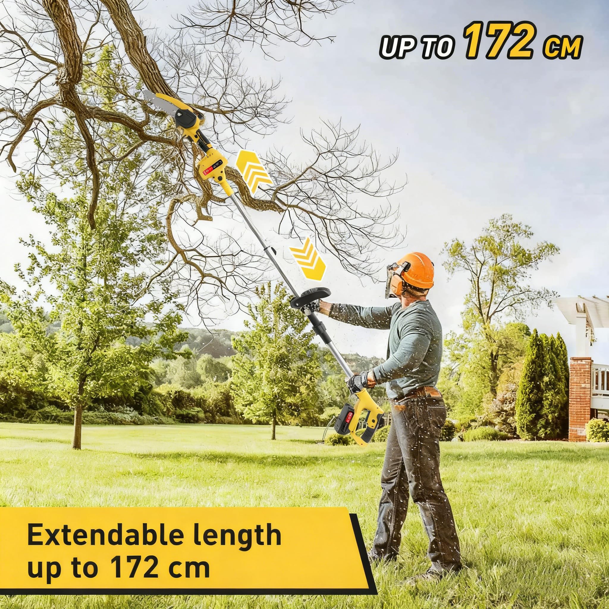 Eléctrico Pertiga Telescopica Podar, 2-in-1 Pertiga Podar, Acero Inoxidable, Alcance Máximo 1,72m, 2 X 2000mAH, Sierra de Podar Telescópica para Podar Palmas y Arbustos