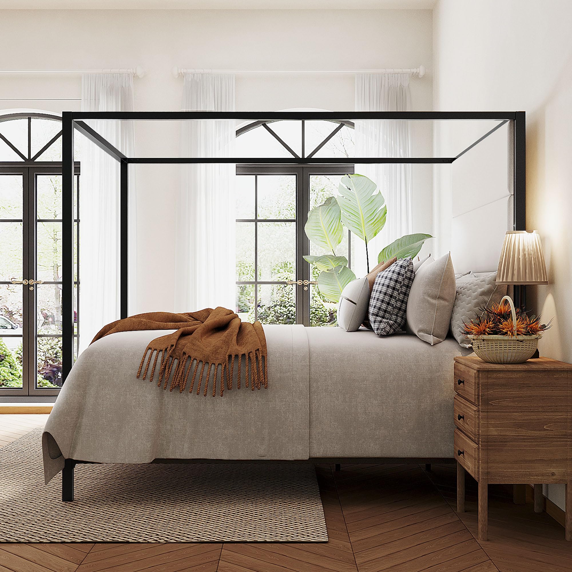 Merax King Size Black Metal Canopy Bed Frame