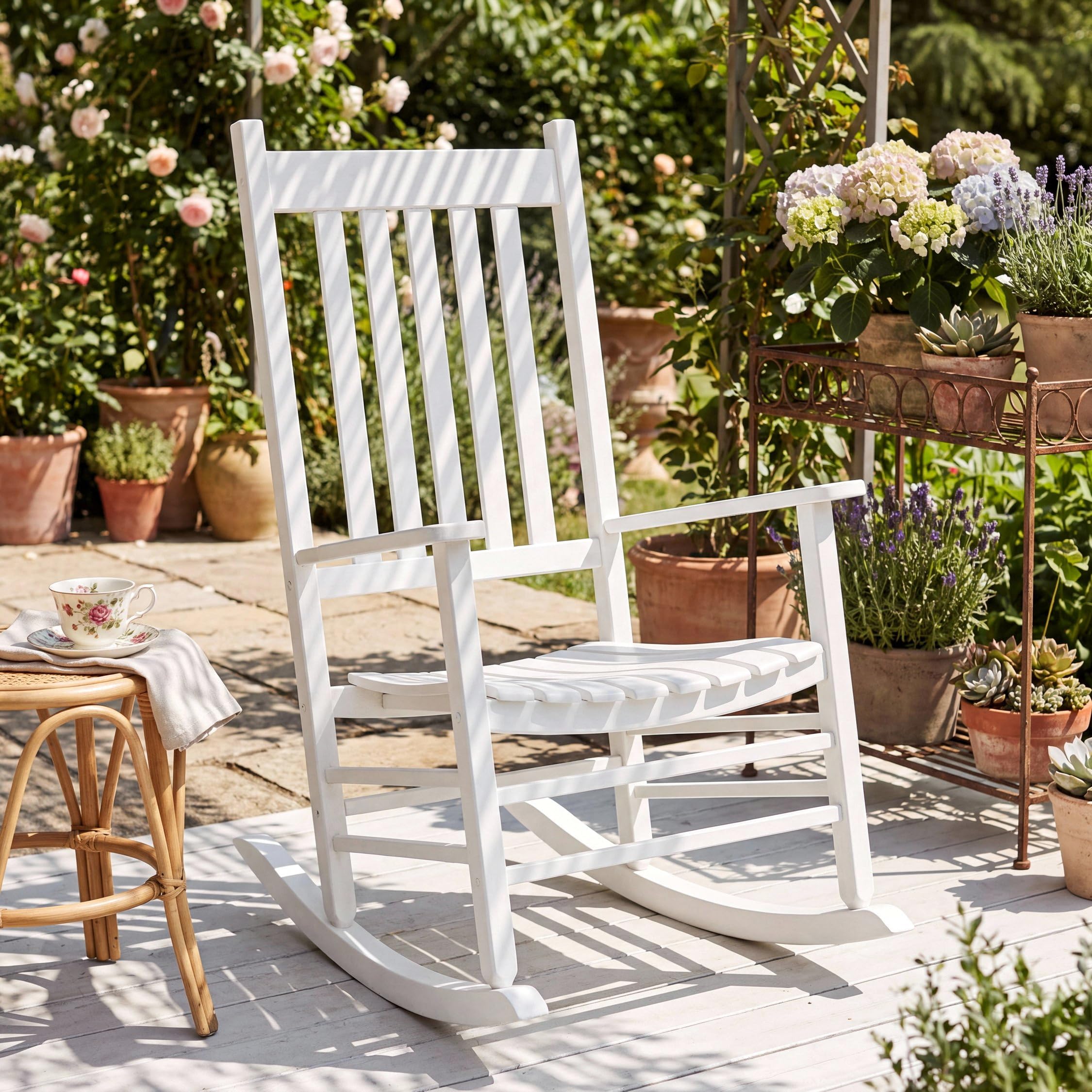 MAMIZO Chaise à bascule d'extérieur en bois avec dossier haut, chaise à bascule d'intérieur surdimensionnée, facile à assembler, pour jardin, pelouse, balcon, véranda (blanc, 1 pièce)