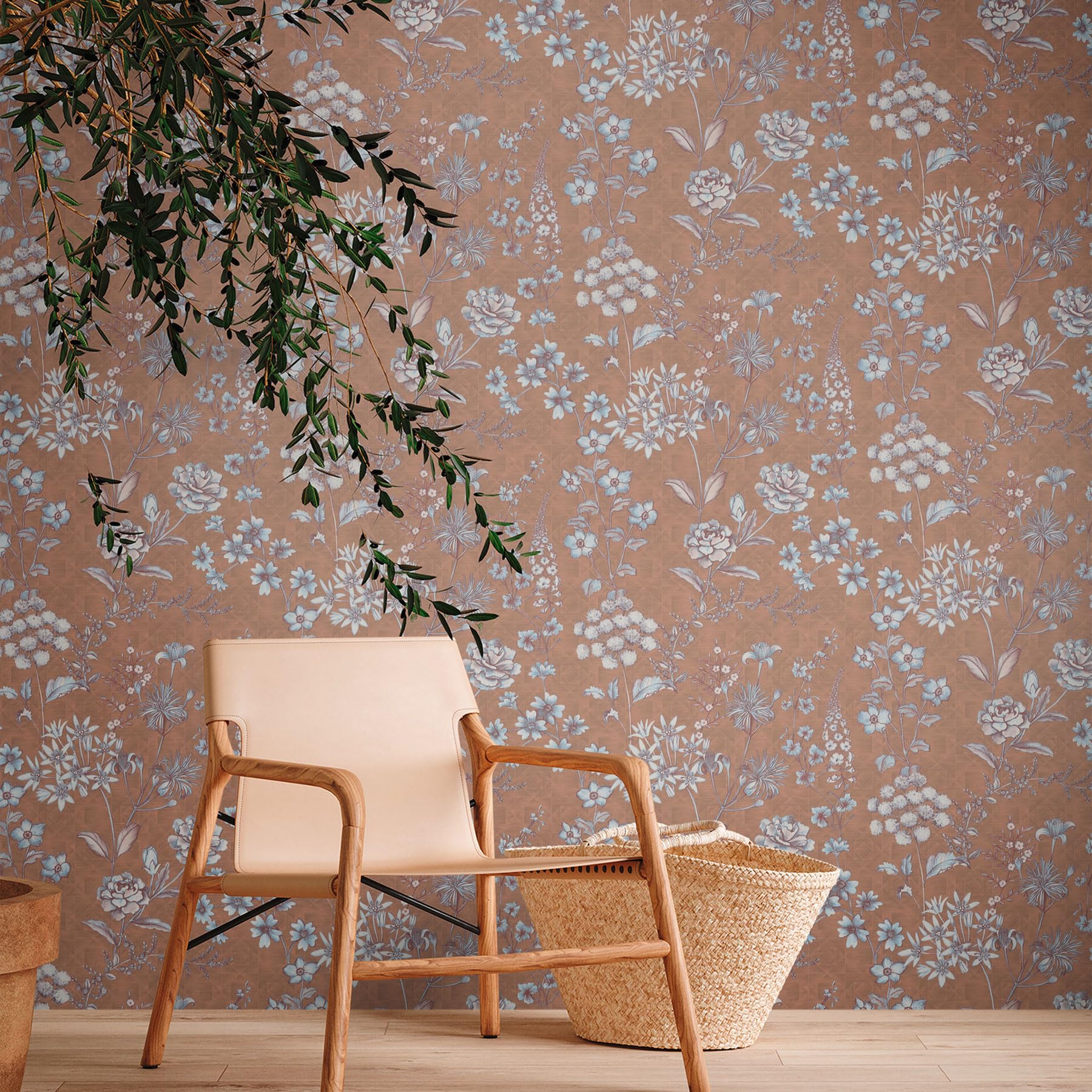 Livingwalls Travel Styles Non-Woven Wallpaper, Floral Wallpaper in Orange and Brown