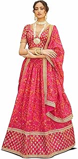 Women's Pink Silk Blend Sequence Embroidery Floral Print Lehenga Choli with Dupatta For Women-L154-Pink (Wedding-Bridal-Latest-Lehenga-Choli_Free Size)