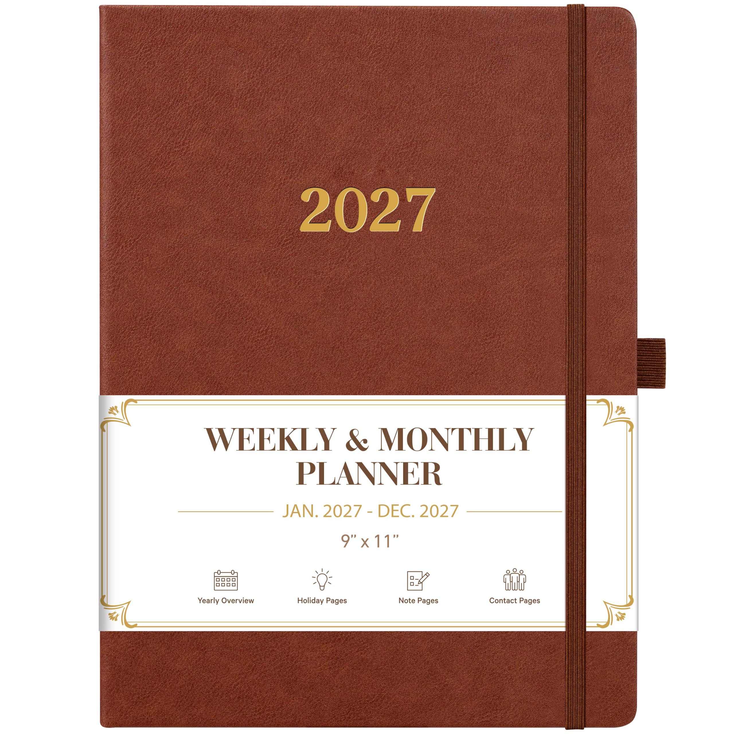 Vondafe Agenda 2027 hebdomadaire et mensuel 2027 de janvier 2027 à décembre 2027, 22,9 x 27,9 cm, calendrier 2027 avec poche intérieure, fermeture élastique, passant pour stylo et marque-pages