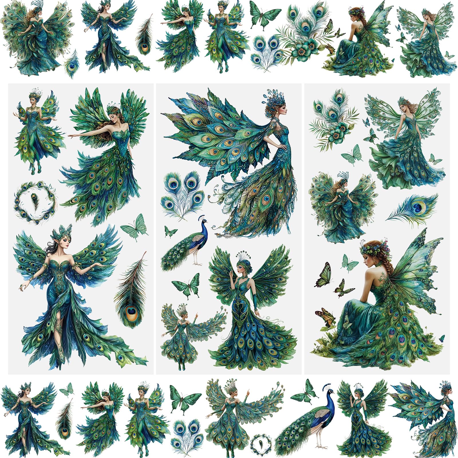WANDIC 3 Sheets Rub on Transfers Stickers for Furniture, Retro Transfer Decals Green Peacock Elf Patterns for DIY Crafts Scrapbooks Photo Albums Decoration,15 * 30cm — image 1