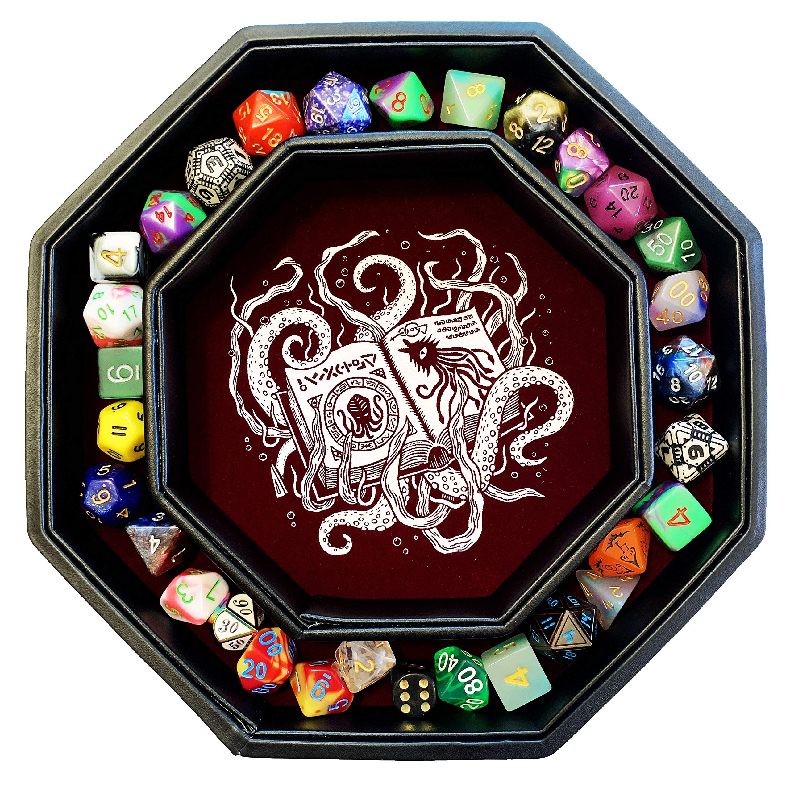 Fantasydice-Cthulhu Tome-RED- Dice Storage and Rolling Tray - 20CM Octagon with Lid and Dice Staging Area- Holds 5 Sets(7 Dice Set/Standard) for All Tabletop RPGs