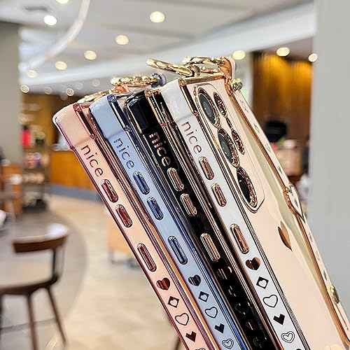 Miniatura 4 de DEFBSC Funda compatible con Samsung Galaxy S23 Ultra, funda de corazón con borde galvanizado con correa de muñeca, protección completa de la cámara,