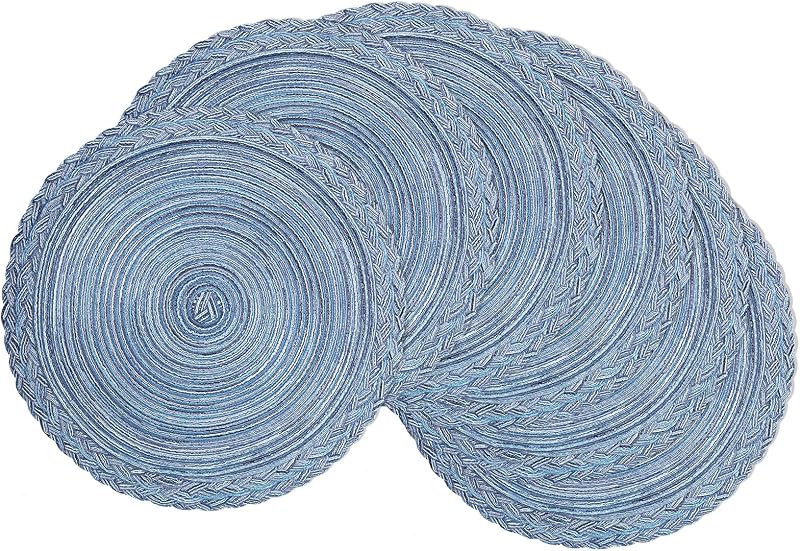SHACOS Round Placemats Set of 6 Woven Kitchen Table Mats 15 inch Circle Braided Border Washable Cotton Polyester Place Mats, Multicolor Blue Grey