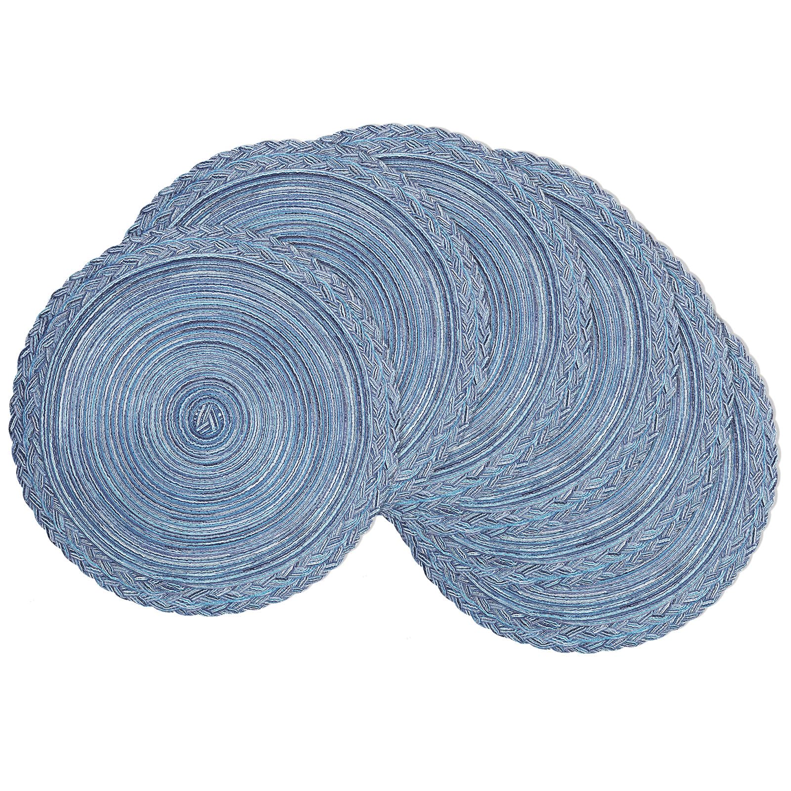 Photo 1 of SHACOS Round Placemats Set of 6 Woven Kitchen Table Mats 15 inch Circle Braided Border Washable Cotton Polyester Place Mats, Multicolor Blue Grey