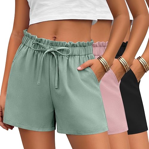 Langyiwee 3 Pack Girls Linen Shorts 5-14 Years, 3-Color Set,