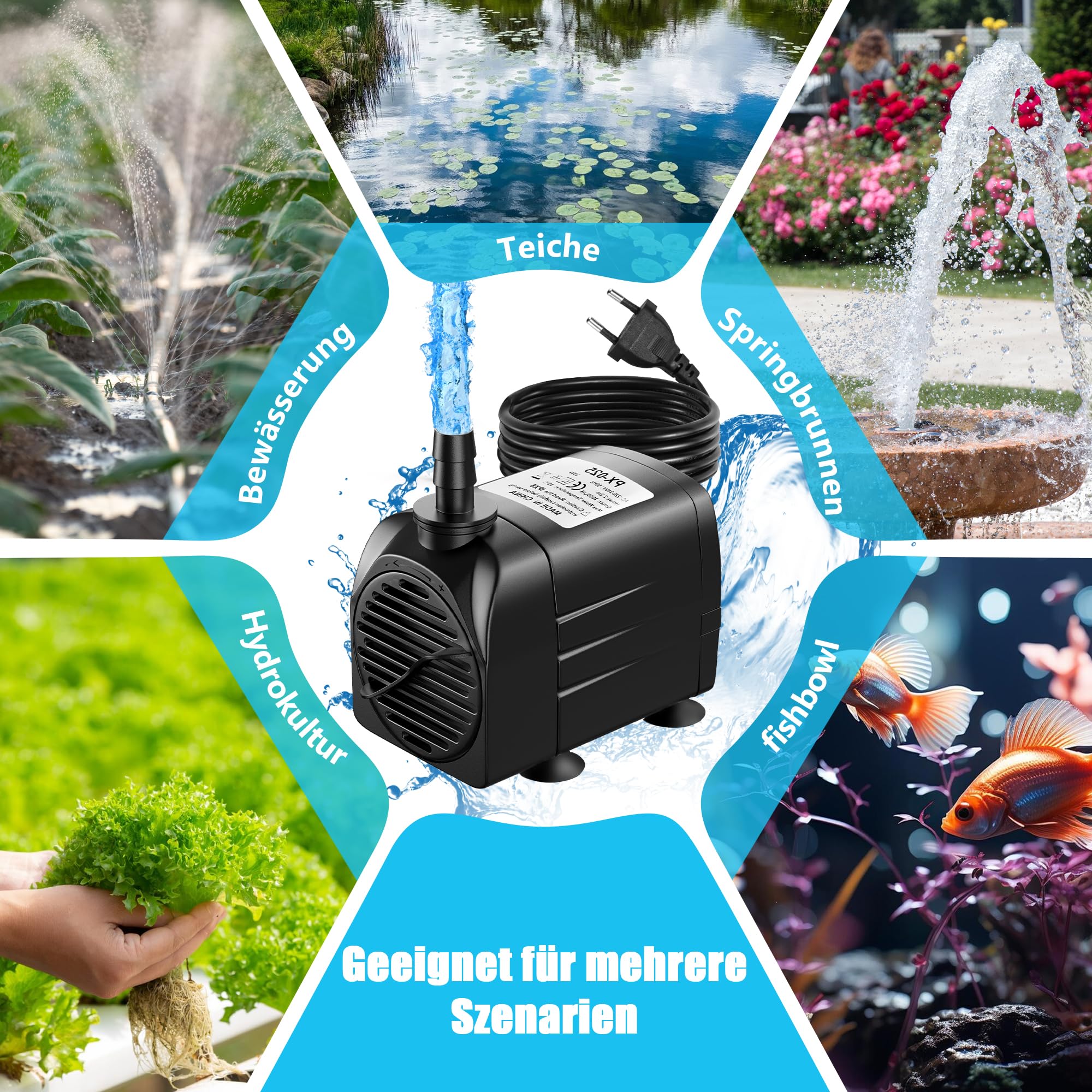 25W 2000L/H Aquarium Pumpe Wasserpumpe Tauchpumpe Förderpumpe Aquariumpumpe Fontänenpumpe für Aquarium Teich Garten und Hydroponiksystem Schwarz PX-025 (no light)