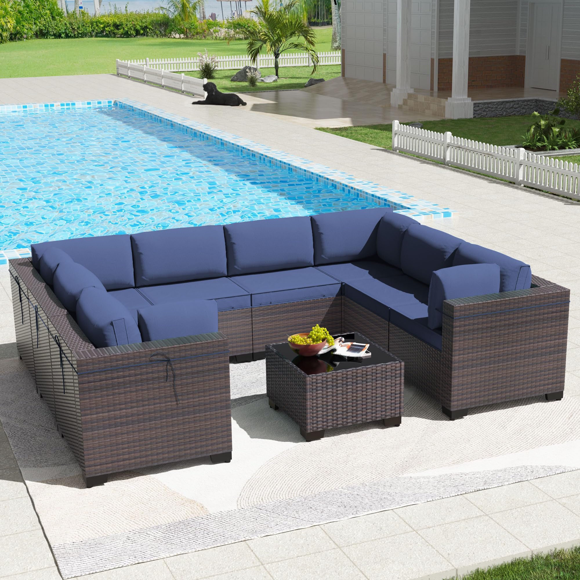 Kullavik 9 Pieces Outdoor Patio Furniture Set PE Wicker Rattan Sectional Sofa Patio Conversation Sets,Navy Blue