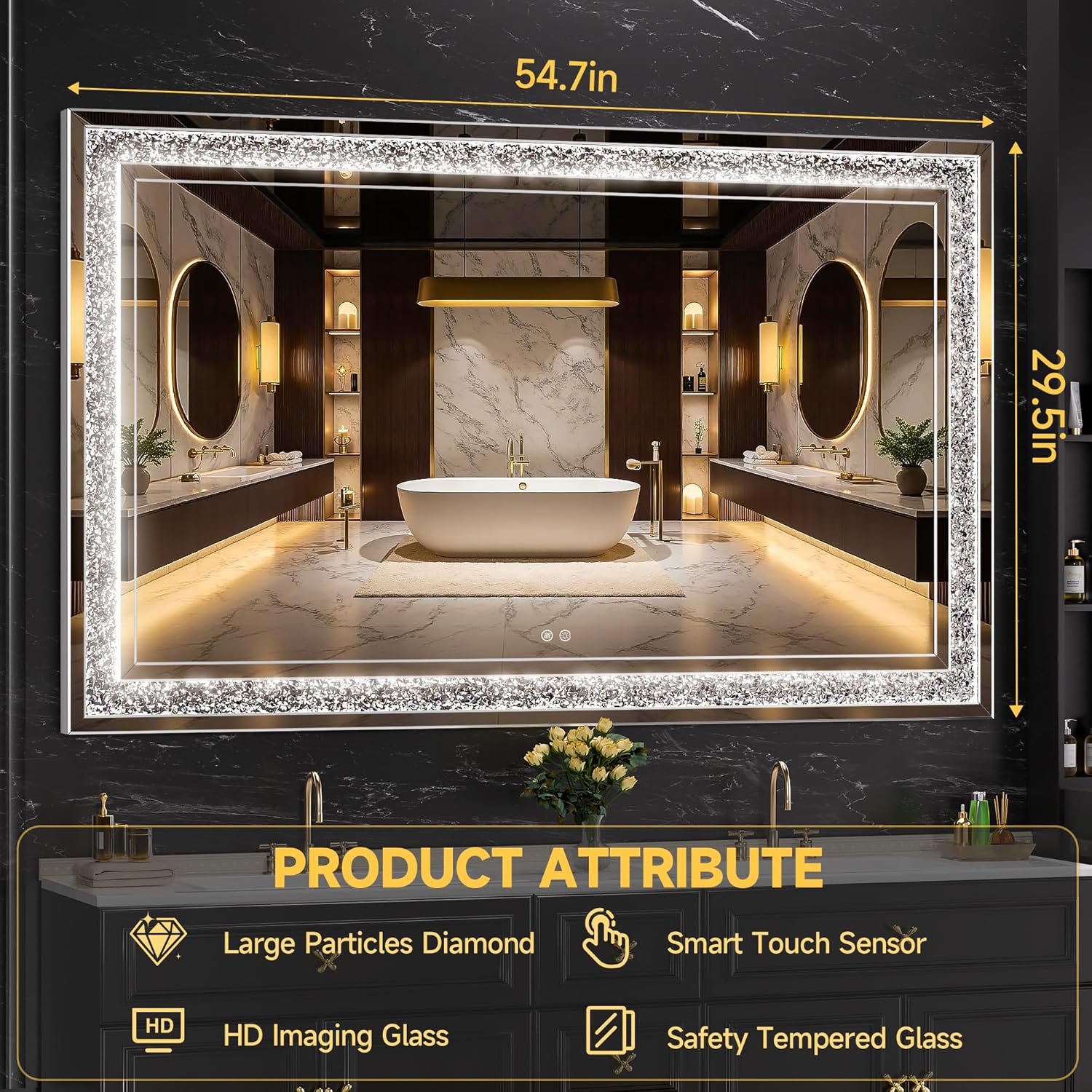 59" x 35" LED Diamond Wall Mirror with Dimming & Anti-Fog, Large Crystal Decorative Mirror for Bathroom, Bedroom, Living Room, Vertical or Horizontal Wall Mount