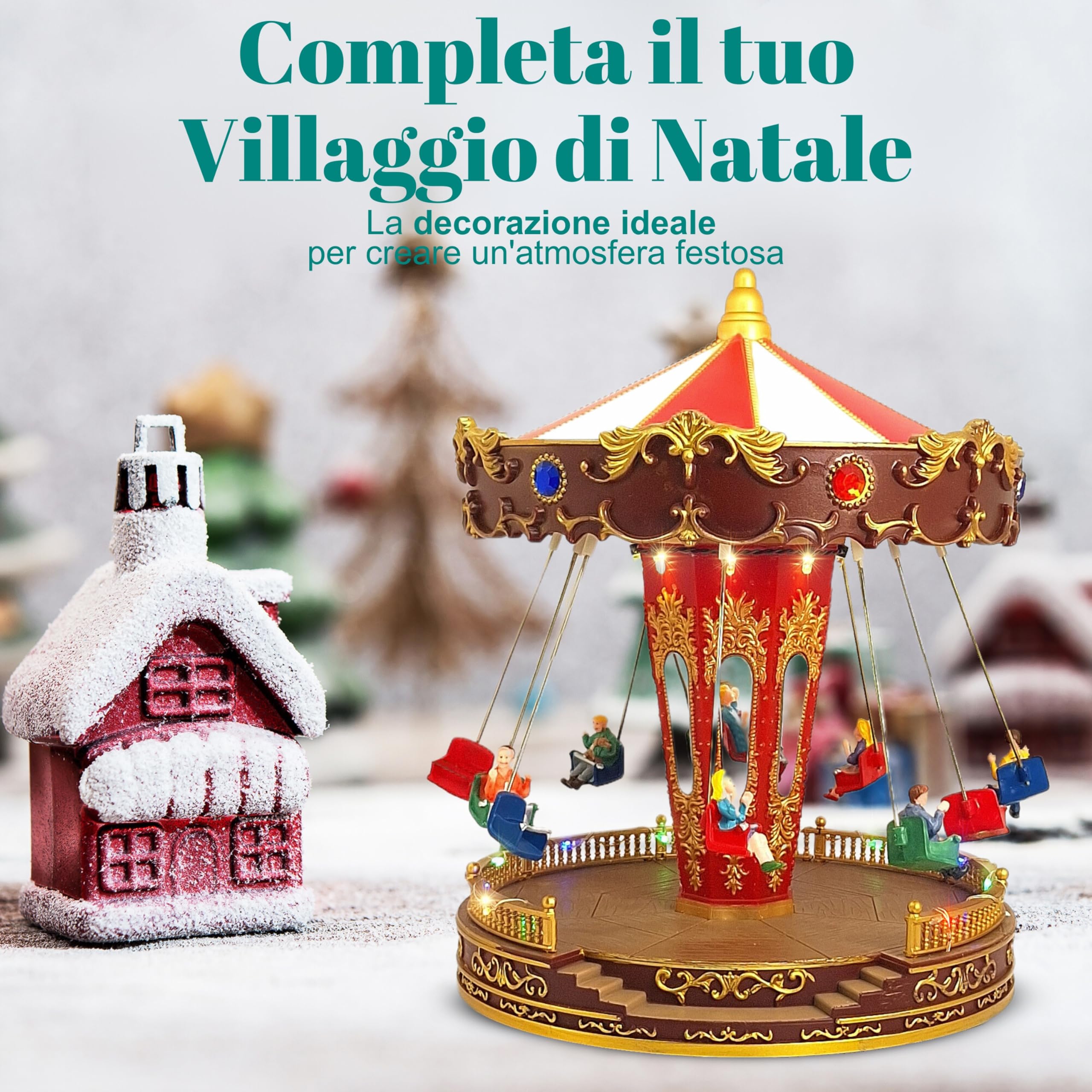 TIN DREAMS| Giostra Natalizia con Movimento Musica e Luci LED| Giostrina di Natale Musicale a Dondolo| Villaggio Natalizio, Borgo in Miniatura, Scena Animata Illuminata| Addobbo Decorazioni Natalizie