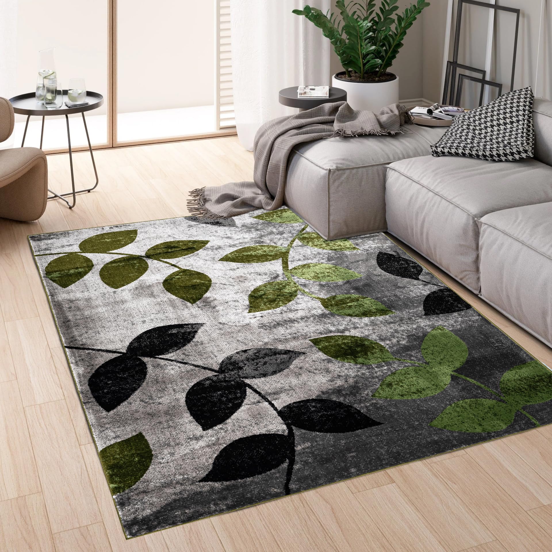 Rugstore shop ltd Area Rugs for Bedroom - Large Rugs Living Room Modern Floor Carpet - Geometric Style Non Shedding Super Soft Milo Black and Grey Brown Red Rug Easy Care (LEAF_Green200x290cm)