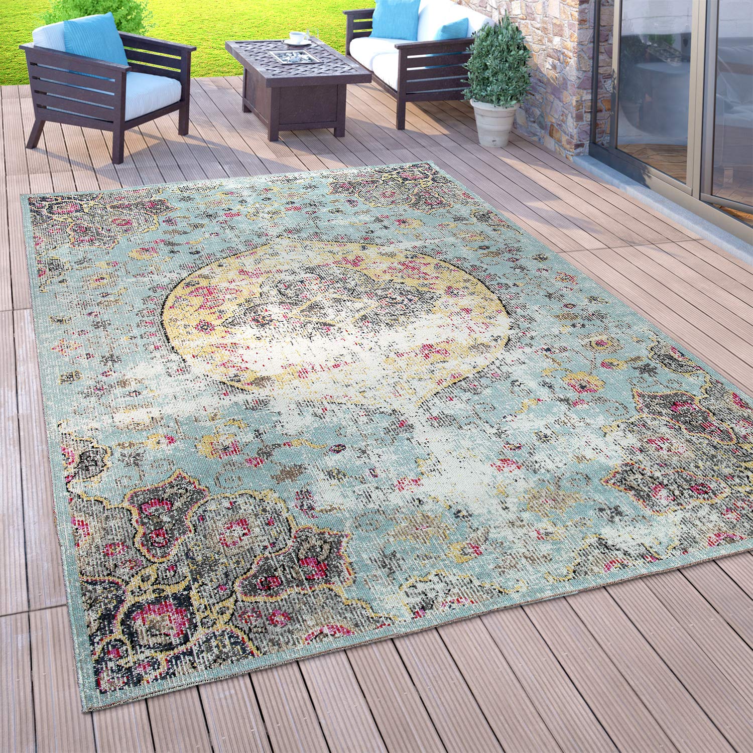 Paco Home Outdoor Teppich Balkon Terrasse Vintage Küchenteppich Orient Muster Rauten Ethno, Grösse:60x100 cm, Farbe:Bunt