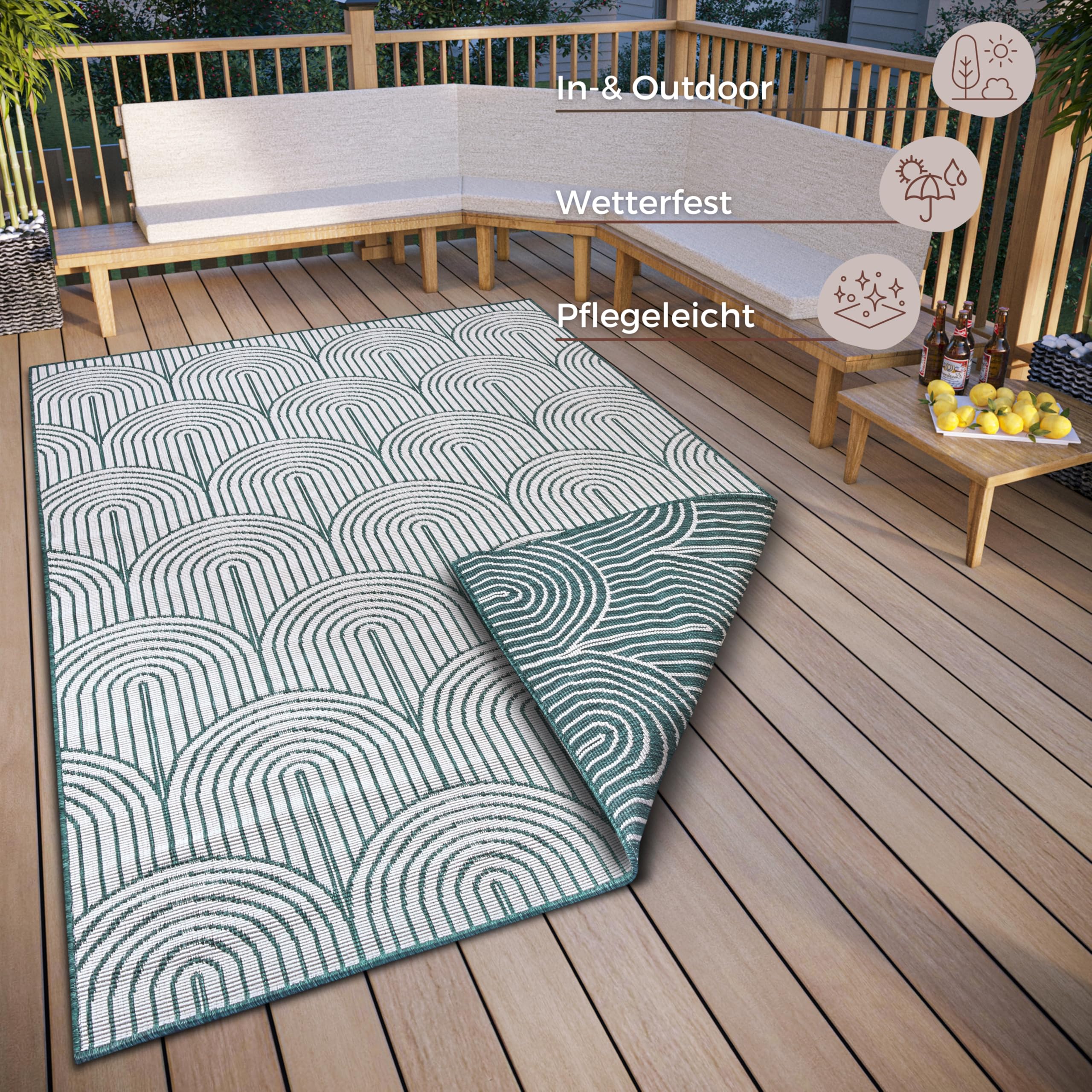 Hanse Home Pangli Tapis d'extérieur résistant aux intempéries – Tapis réversible Style scandinave bohème imperméable uni géométrique Effet 3D pour Jardin, Balcon, terrasse, Salon – Vert 80 x 150 cm