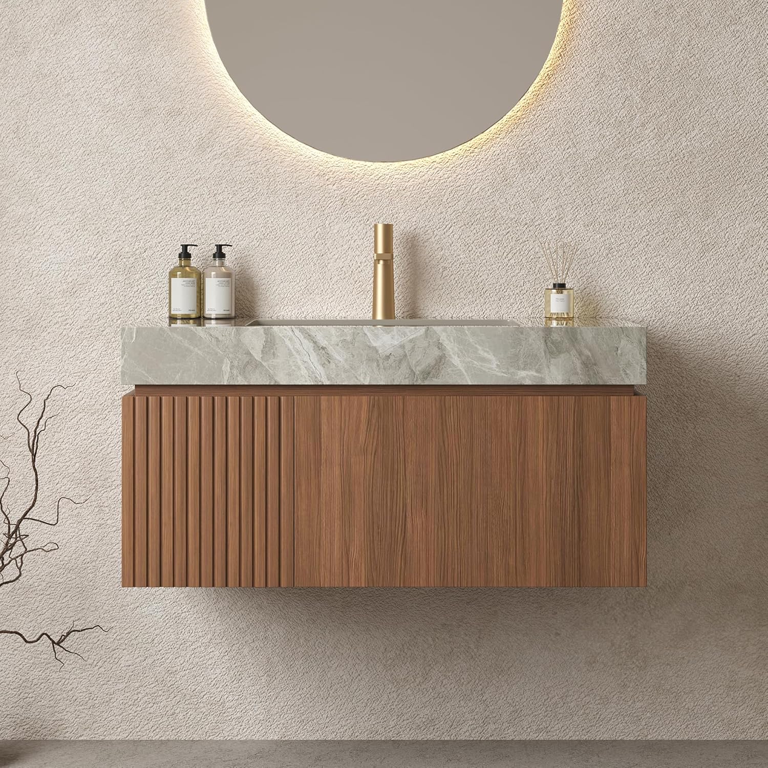 LKTART Floating 36 Inch Bathroom Vanity with Sink, Modern Plywood Wall Mounted Bathroom Storage Cabinet with 1 Door and 1 Drawer, Roma Travertine-Pattern Sintered Stone Countertop and Ceramic Basin