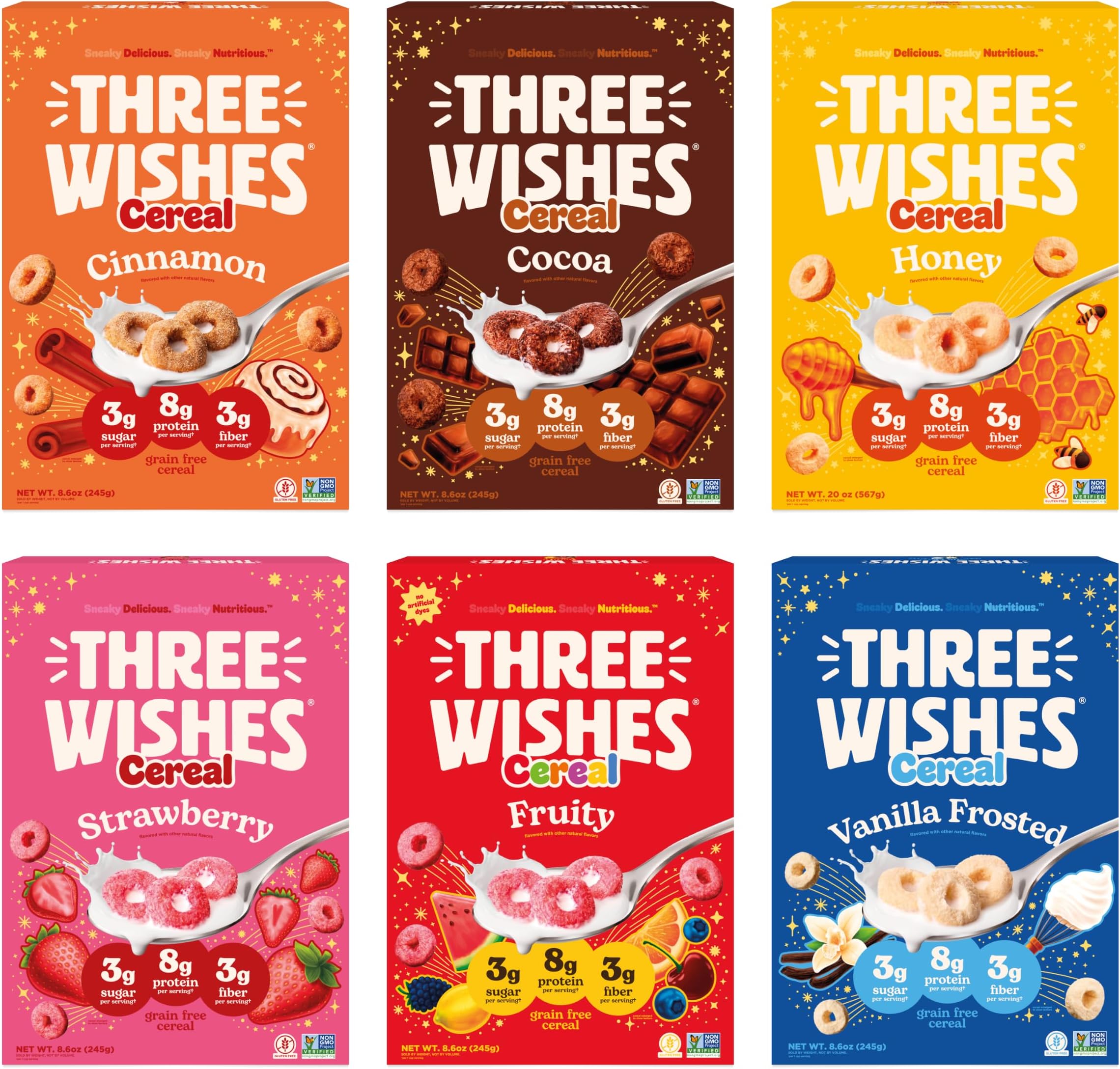Three Wishes Grain-Free Protein Breakfast Cereal - 8g Protein and 3g Fiber - Healthy, Low Sugar Breakfast Cereal, Gluten Free, Vegan-Friendly, Non-GMO - Variety, 6-Pack