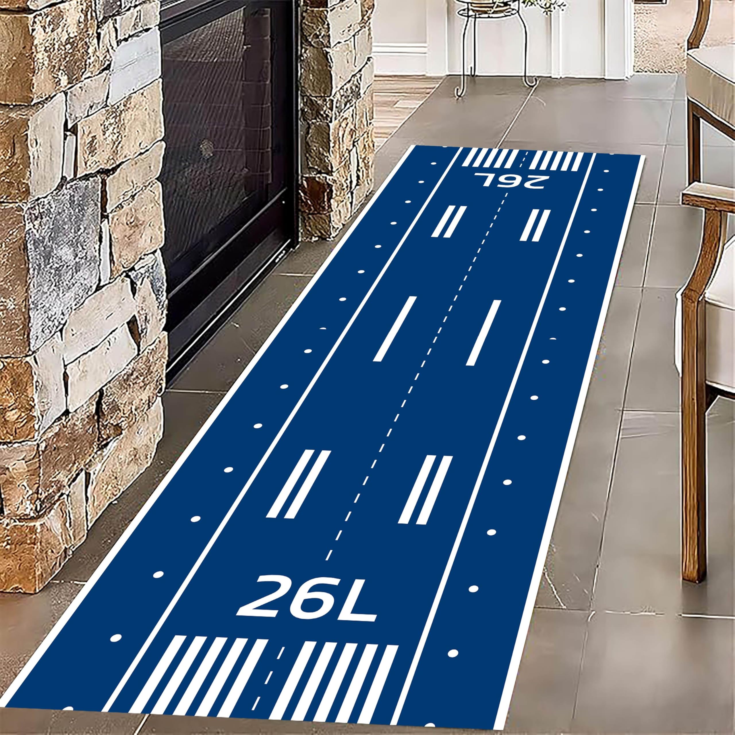 Kuluoits Airport Runway Runner Rug, 60x120cm Kids Boys Game Room Race Track Long Carpet Mat, Washable Easy Clean Entrance Blue Hallway Runner for Living Room Bedroom Dining Room Classroom