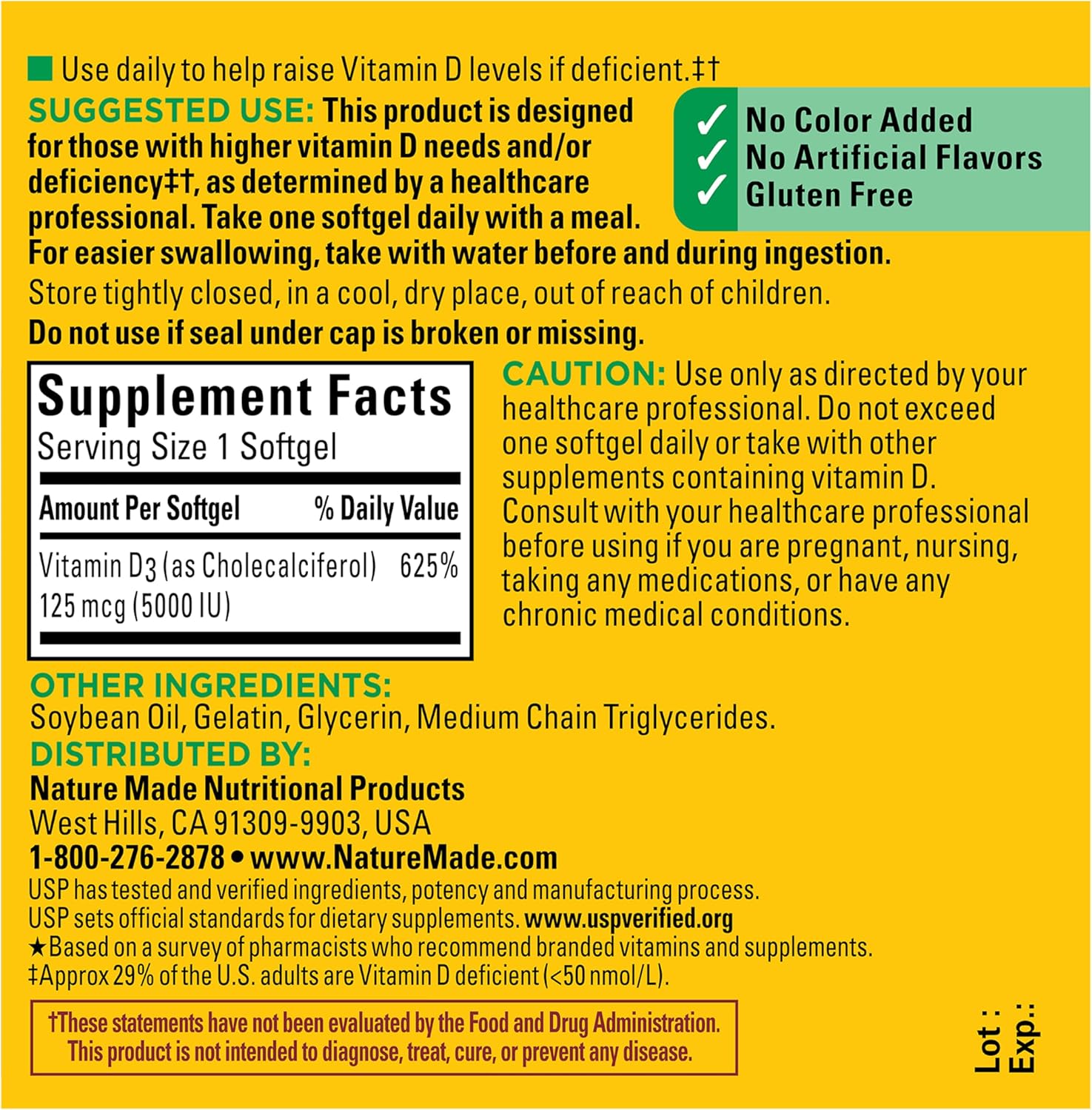 Nature Made Extra Strength Vitamin D3 5000 IU (125 mcg), Dietary Supplement for Bone, Teeth, Muscle and Immune Health Support, 180 Softgels, 180 Day Supply - Image 2