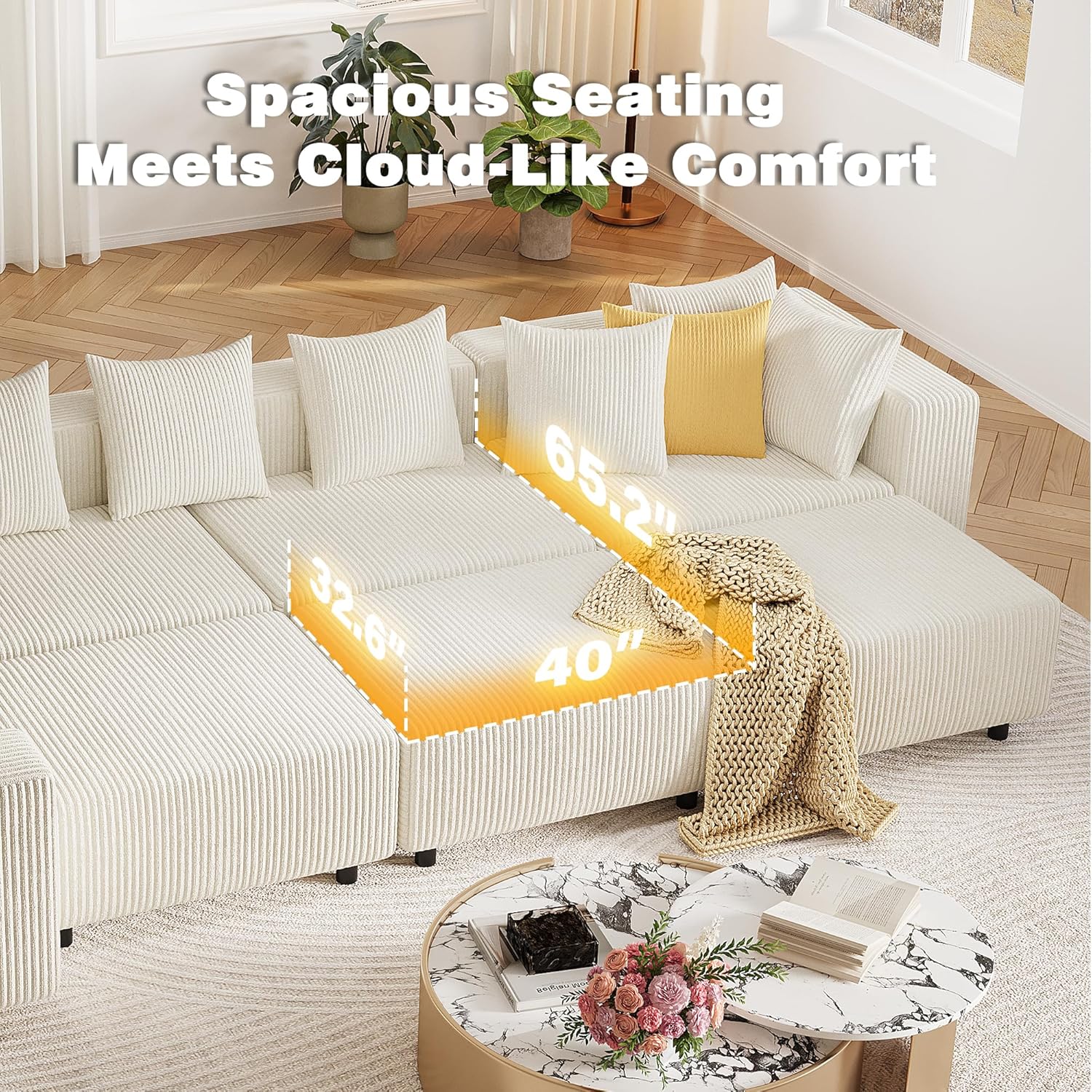 Modern Oversized Modular Sectional Sofa, Boneless Cloud Loveseat with Legs, Corduroy Big Comfy Deep Seat Sofa for Living Room & Apartment（Beige,106″Loveseat）