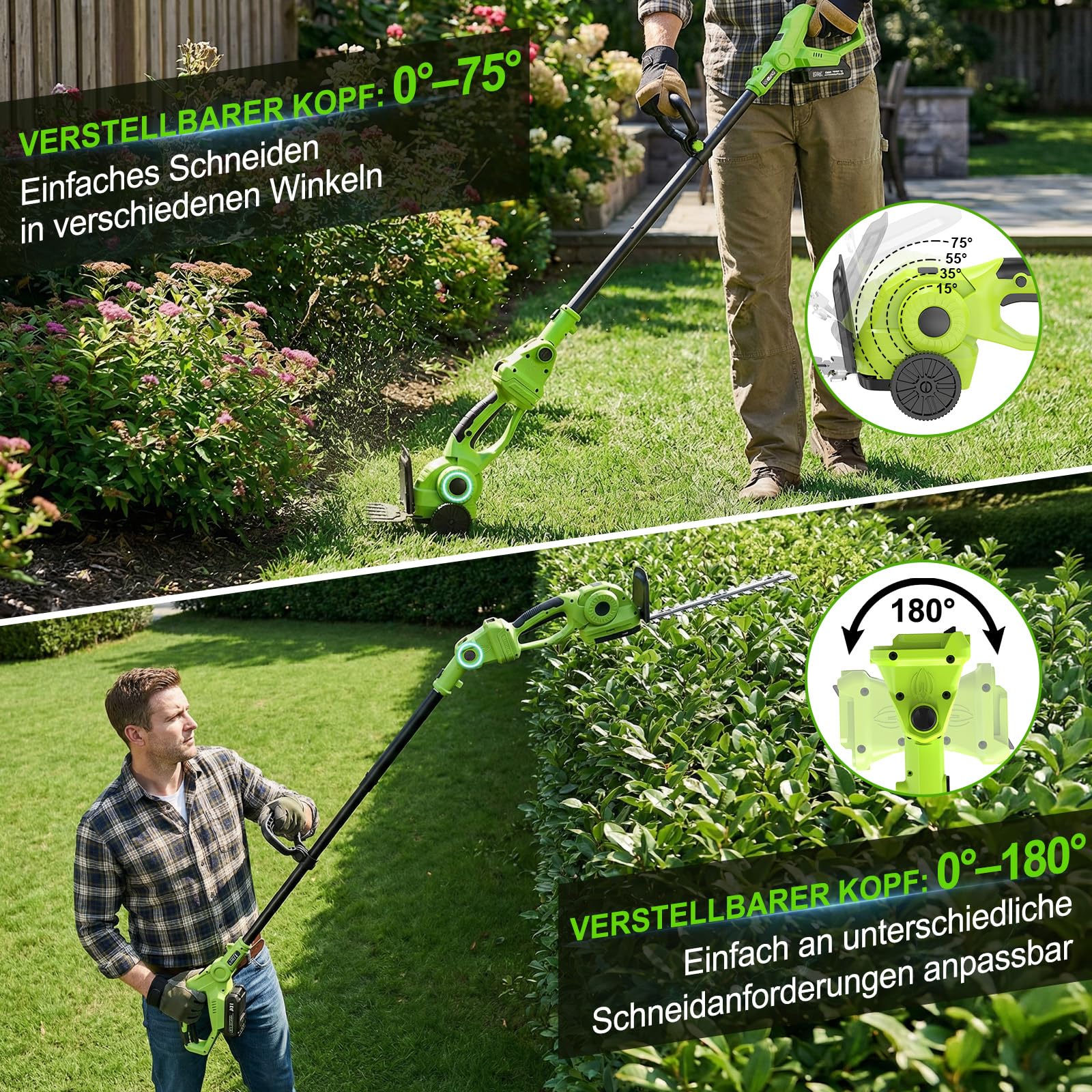 VOERJIA 4-in-1 Akku Grasschere & Strauchschere mit 115cm Verlängerungsstange (165cm Reichweite), 21V Gartenschere mit Rollen, 650W, 180° verstellbar, 2 Akkus – für Rasenkanten, Hecken & Formschnitt