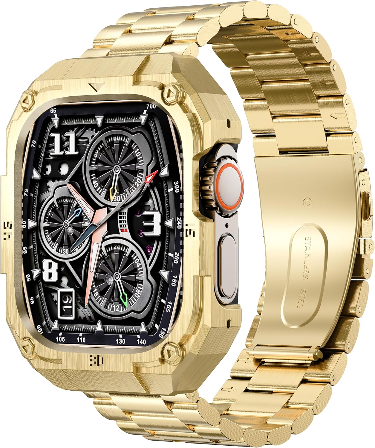Casual Stainless Steel Case with Band Compatiable for 49mm Apple Watch Ultra Bands for Men,Metal Apple Watch Bumper Case Cover with Strap for iWatch Band Ultra 3/2/1,Gold