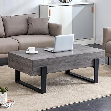 Rustic Grey Wood Grain & Black Metal Modern Coffee Table, 47 Inch Industrial Style Rectangular Wood Grain Top for Living Room, Office, Center, Tea Table