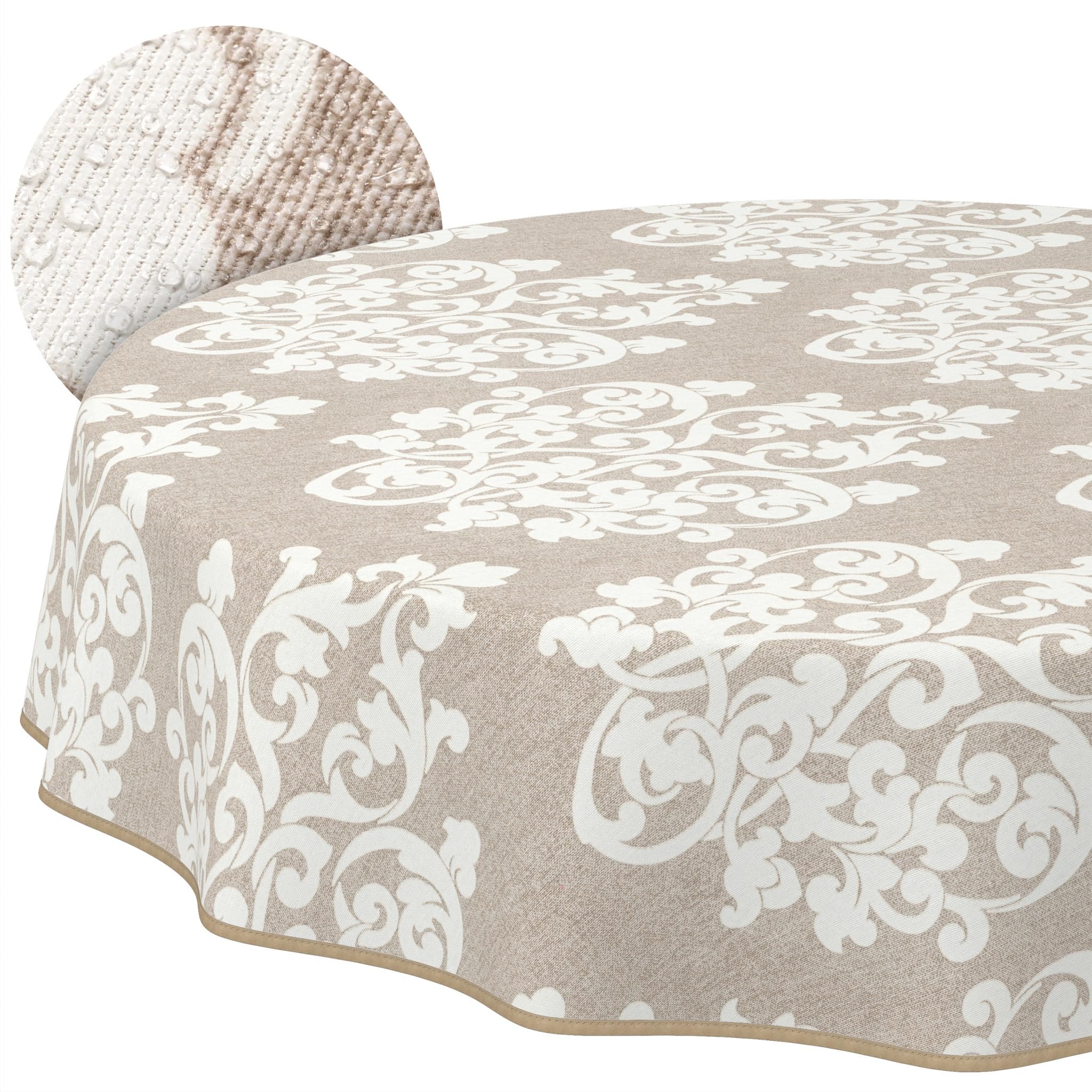 ANRO Washable Damask Round Tablecloth 140 cm - Water Resistant Indoor Outdoor Lotus Effect with Hem