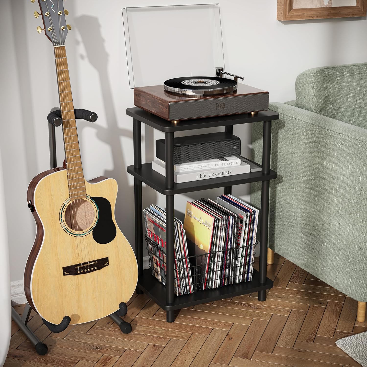 Apicizon 3 Tier Nightstand, End Table with Storage Shelf, Wooden Vinyl Record, Farmhouse Bedside Table for Small Spaces, Bedroom, Living Room, Easy Assembly, Black
